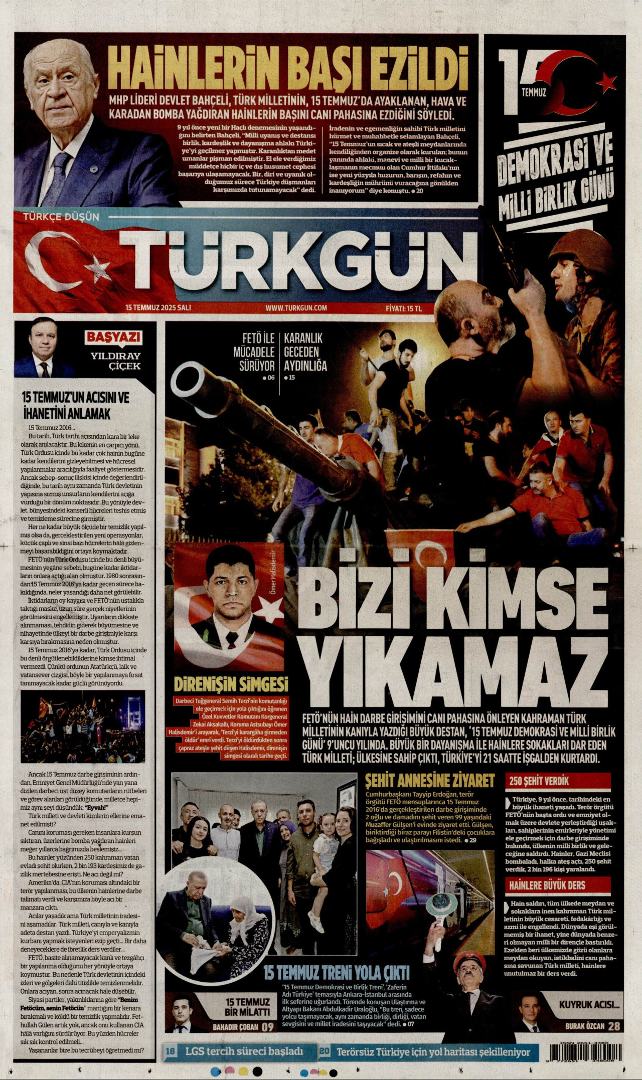 TÜRKGÜN gazetesinin 15 Temmuz 2025 tarihli birinci sayfası