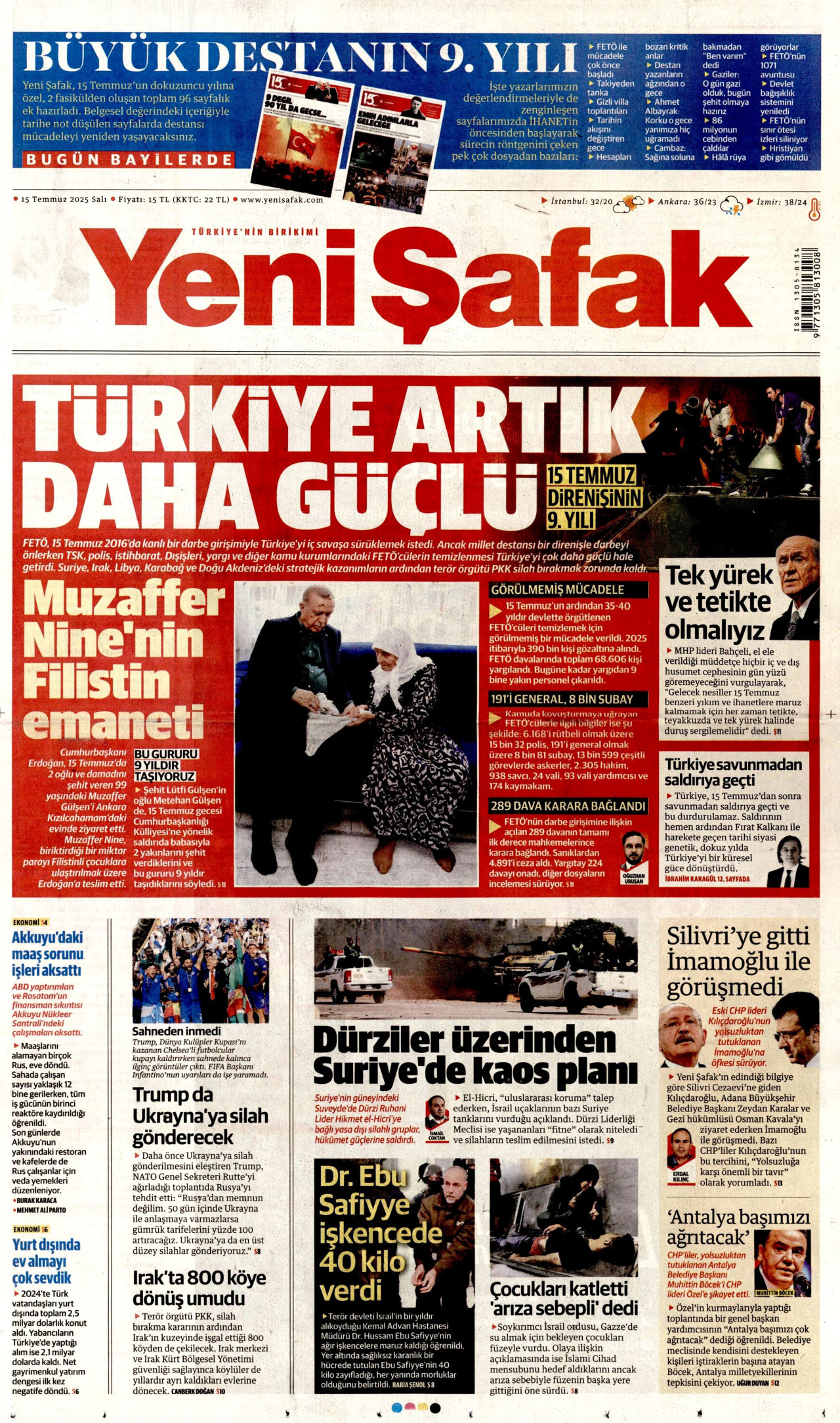 YENİ ŞAFAK gazetesinin 15 Temmuz 2025 tarihli birinci sayfası