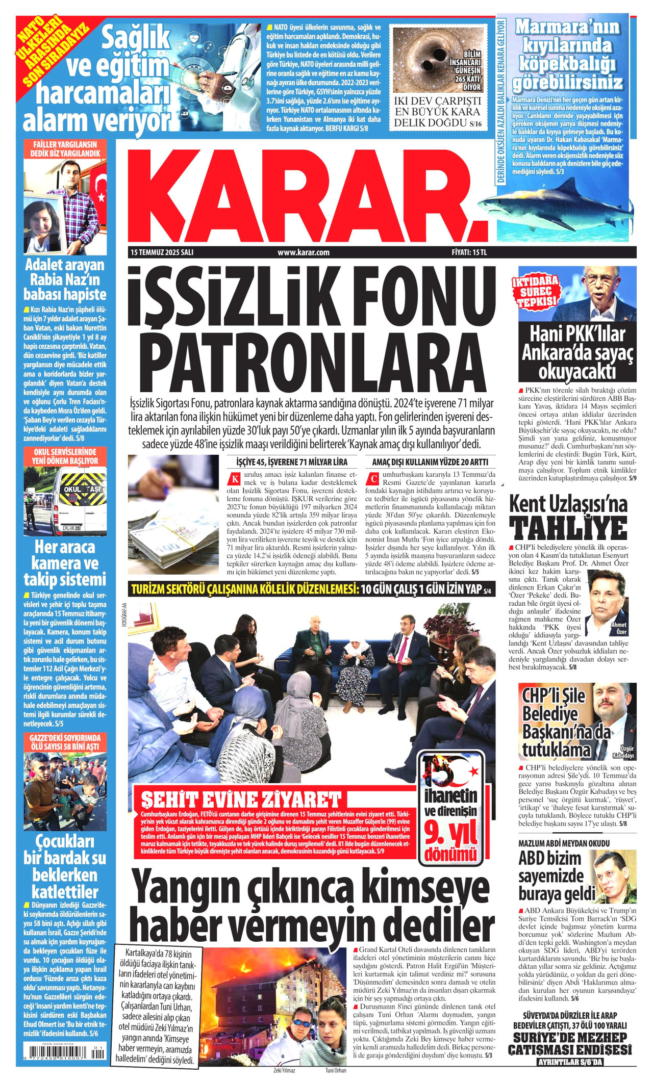 KARAR gazetesinin 15 Temmuz 2025 tarihli birinci sayfası