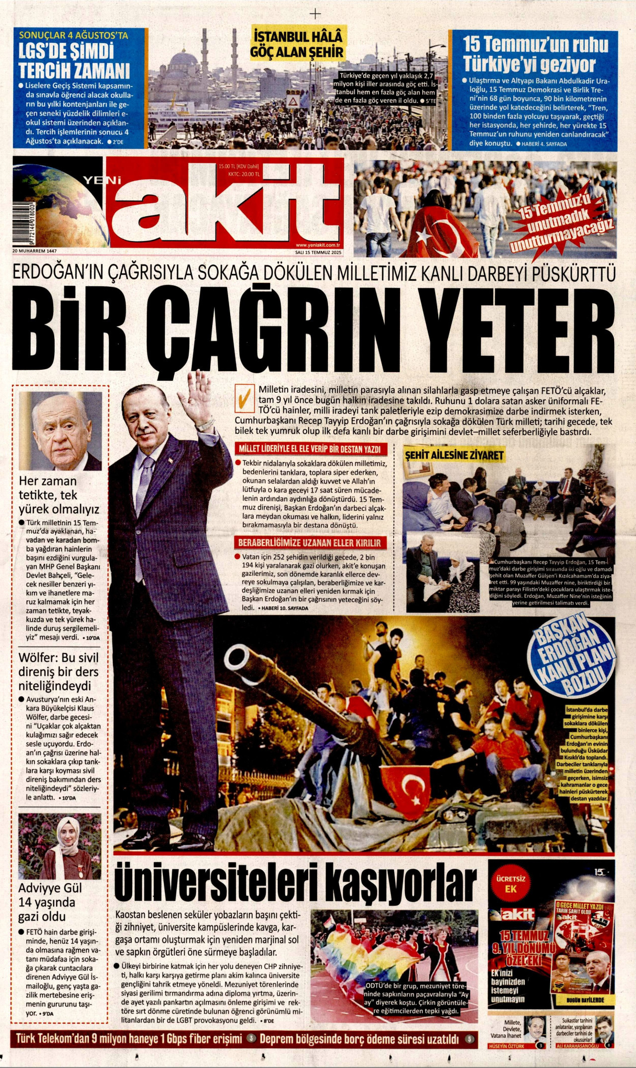 YENİ AKİT gazetesinin 15 Temmuz 2025 tarihli birinci sayfası