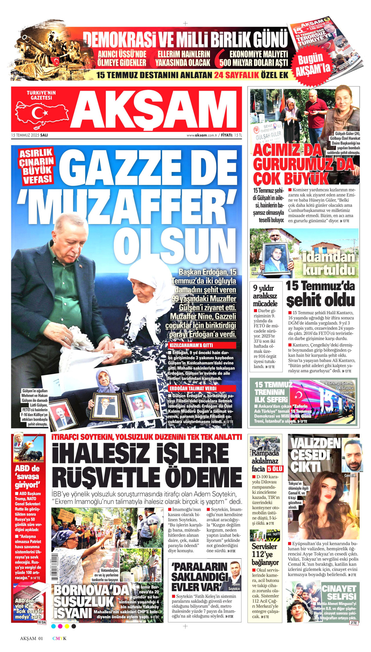 AKŞAM gazetesinin 15 Temmuz 2025 tarihli birinci sayfası