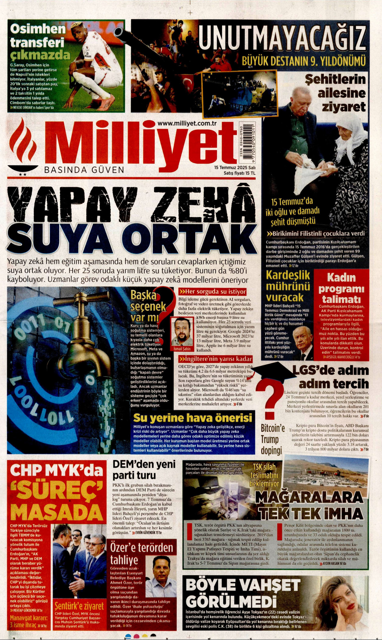 MİLLİYET gazetesinin 15 Temmuz 2025 tarihli birinci sayfası