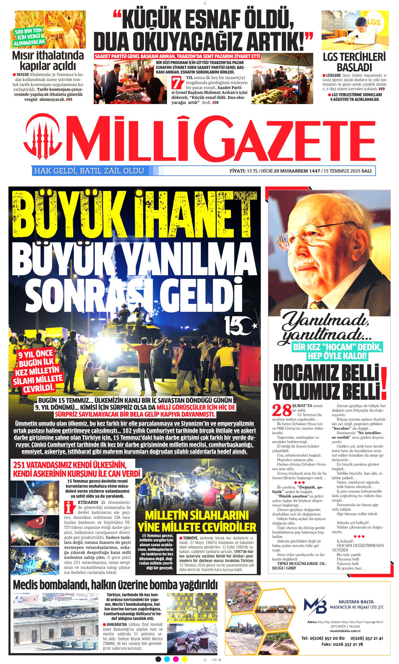 MİLLİ GAZETE gazetesinin 15 Temmuz 2025 tarihli birinci sayfası