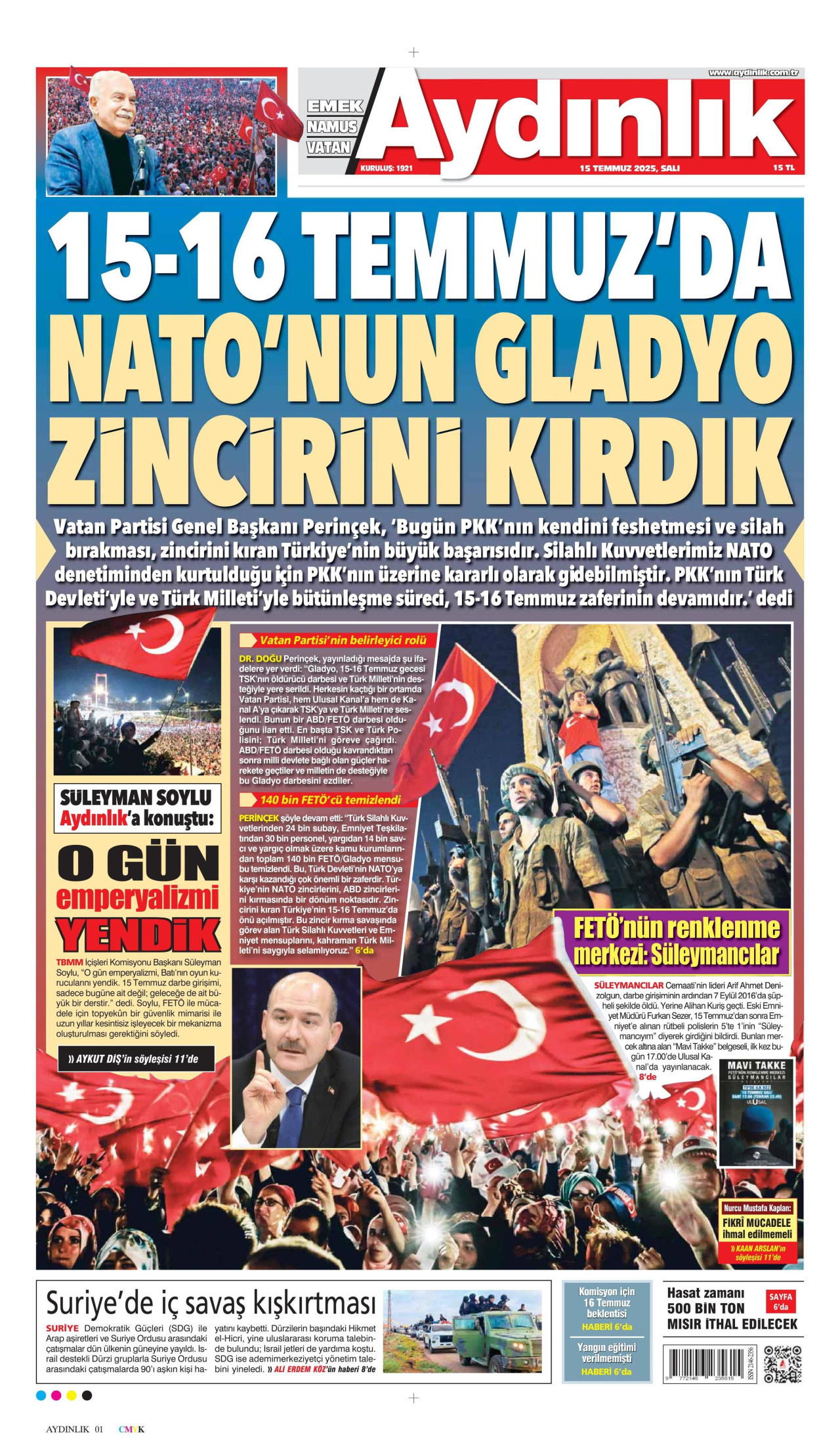 AYDINLIK GAZETESİ gazetesinin 15 Temmuz 2025 tarihli birinci sayfası