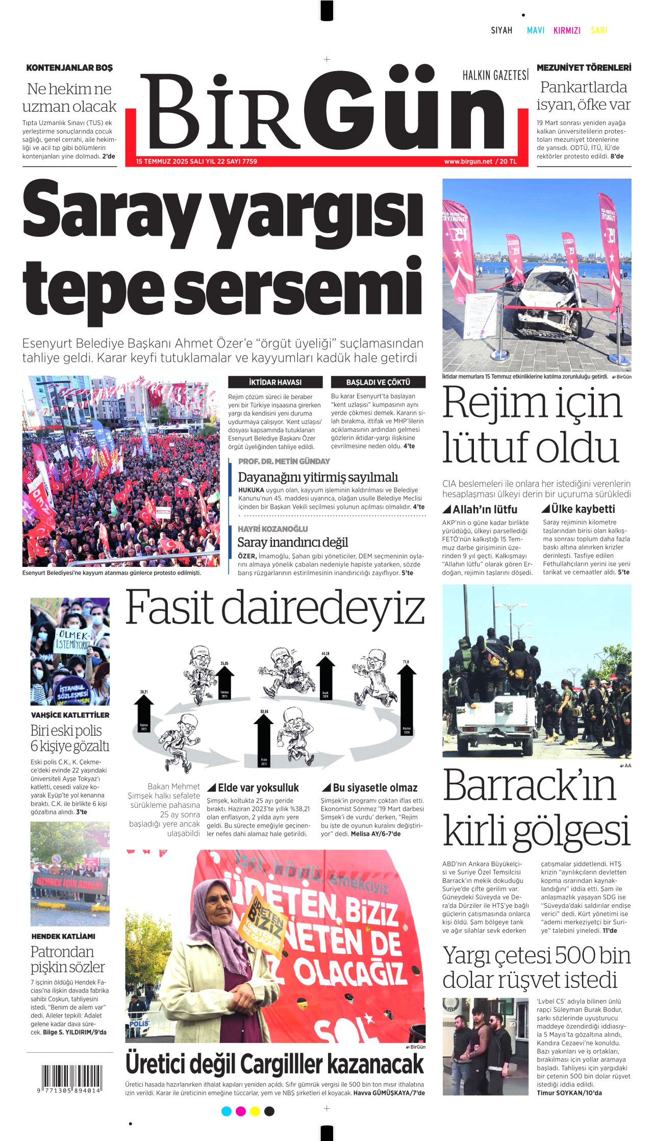BİRGÜN gazetesinin 15 Temmuz 2025 tarihli birinci sayfası