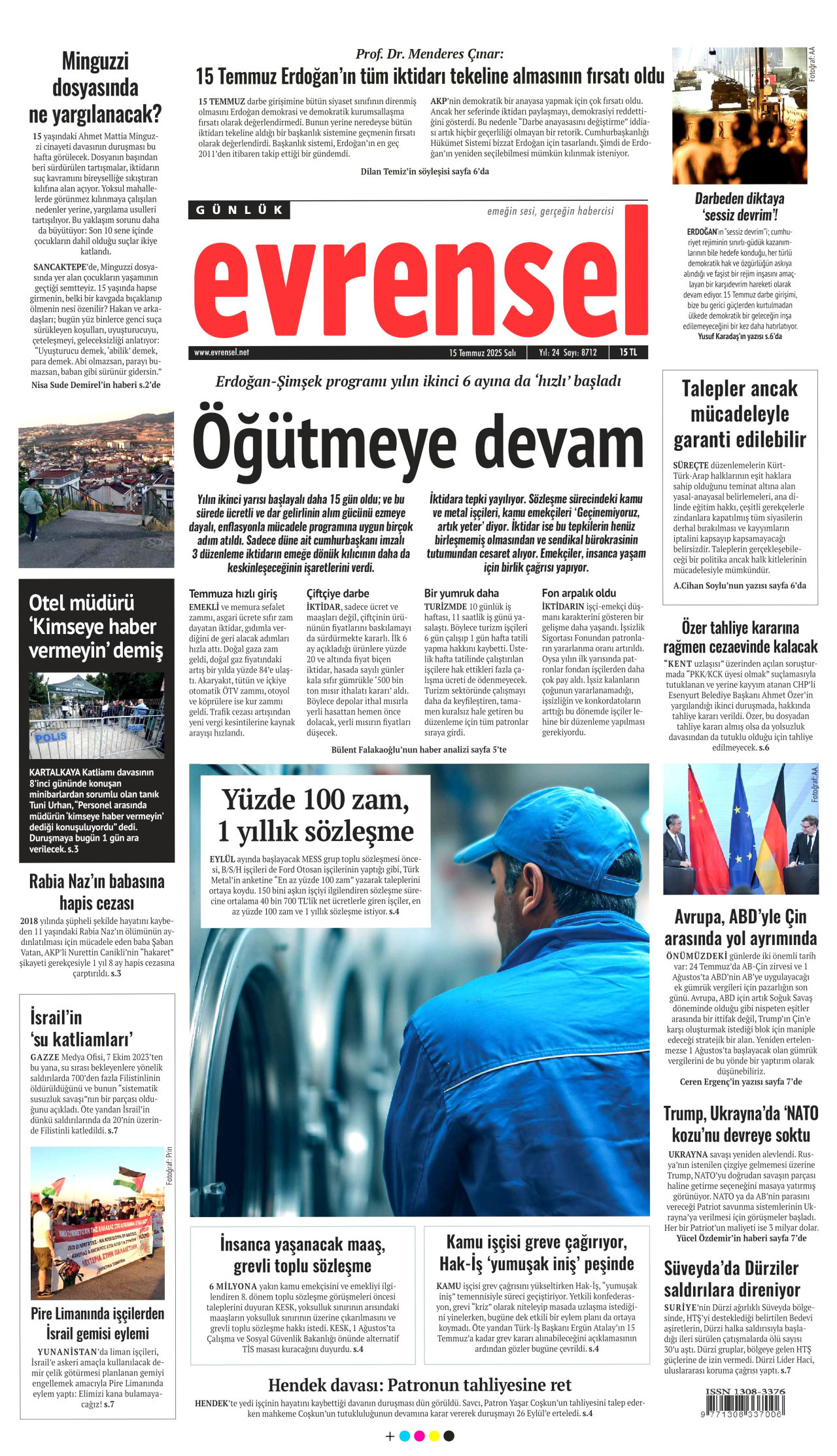 EVRENSEL gazetesinin 15 Temmuz 2025 tarihli birinci sayfası