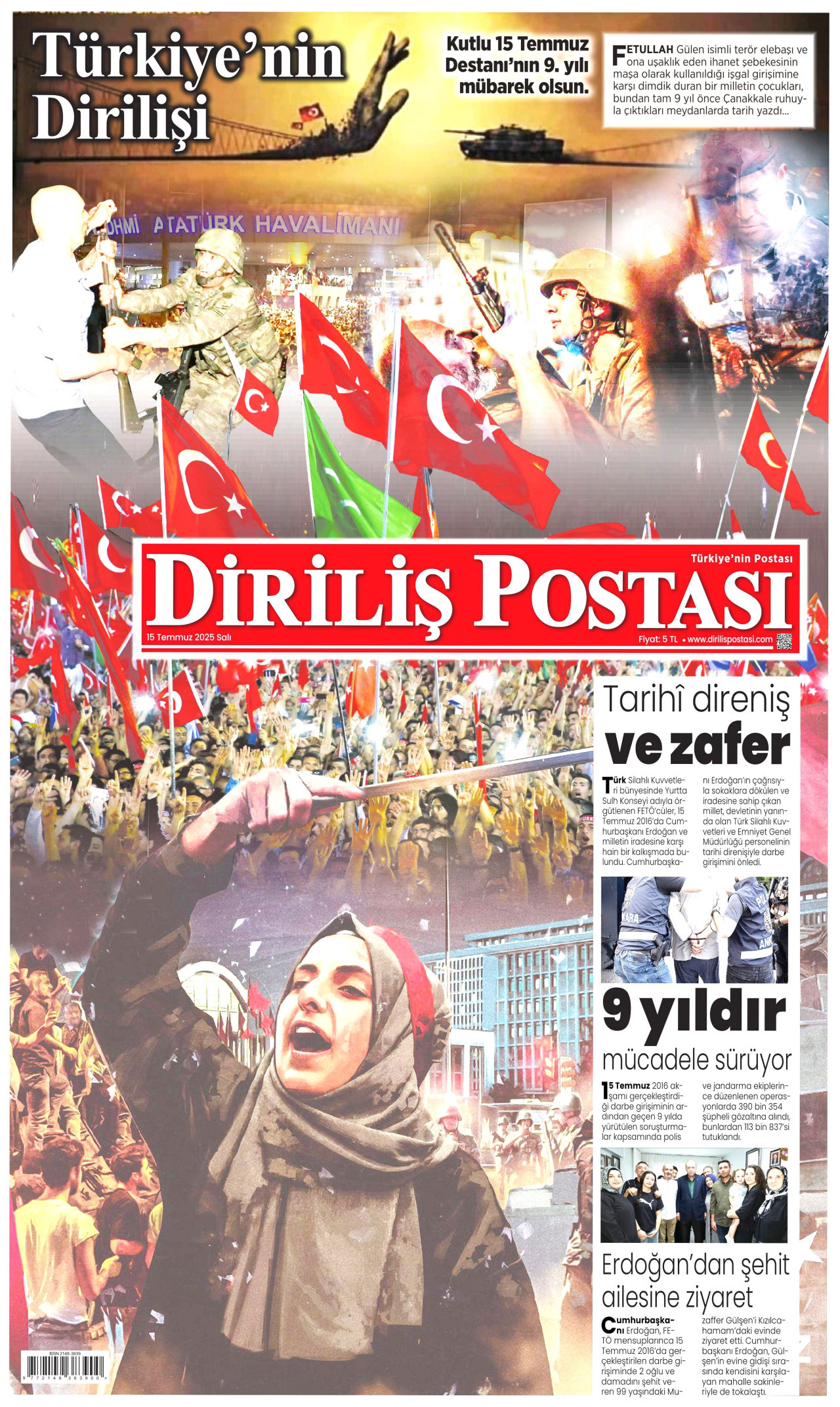 DİRİLİŞ POSTASI gazetesinin 15 Temmuz 2025 tarihli birinci sayfası