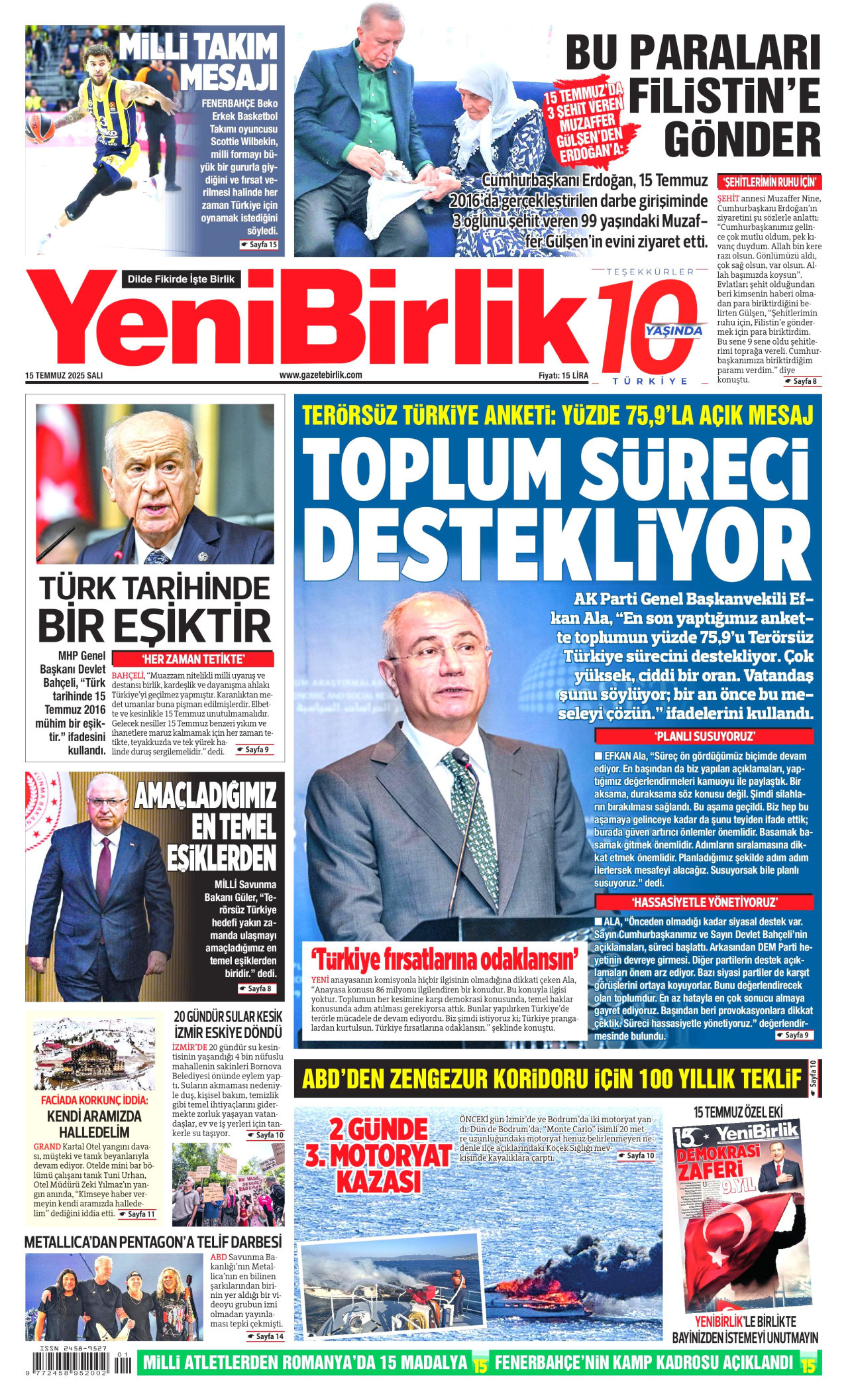YENİBİRLİK gazetesinin 15 Temmuz 2025 tarihli birinci sayfası