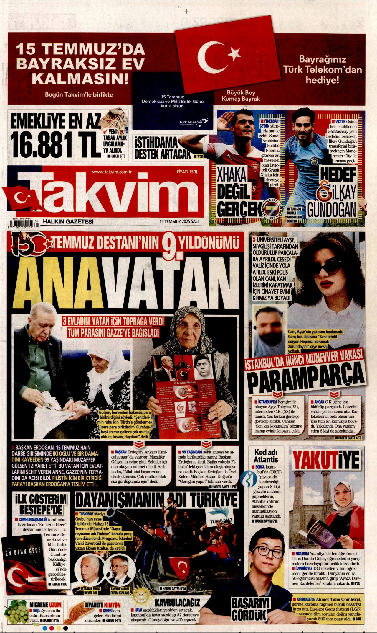 TAKVİM gazetesinin 15 Temmuz 2025 tarihli birinci sayfası