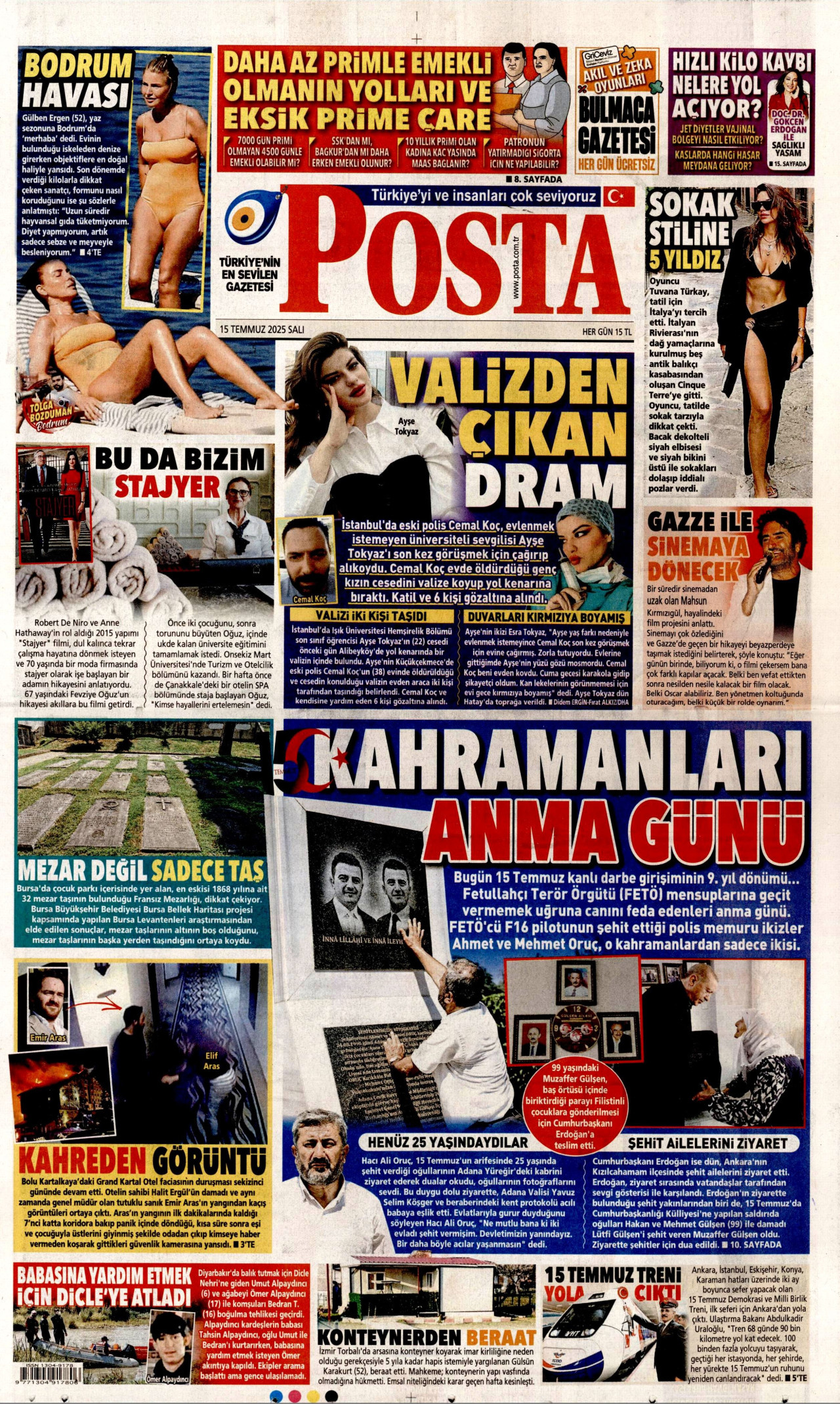POSTA gazetesinin 15 Temmuz 2025 tarihli birinci sayfası