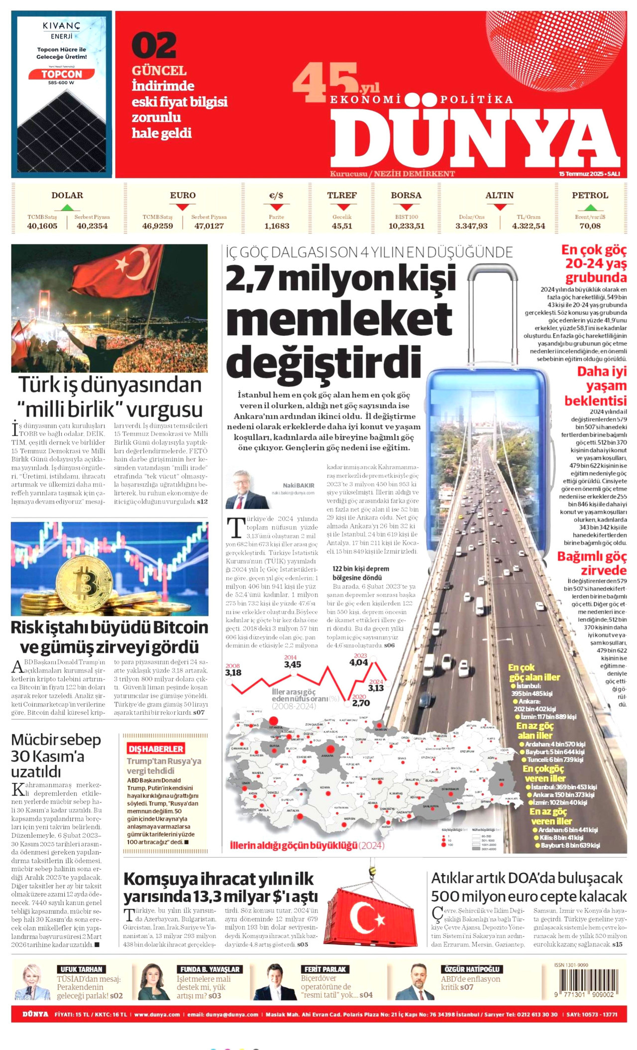 DÜNYA gazetesinin 15 Temmuz 2025 tarihli birinci sayfası