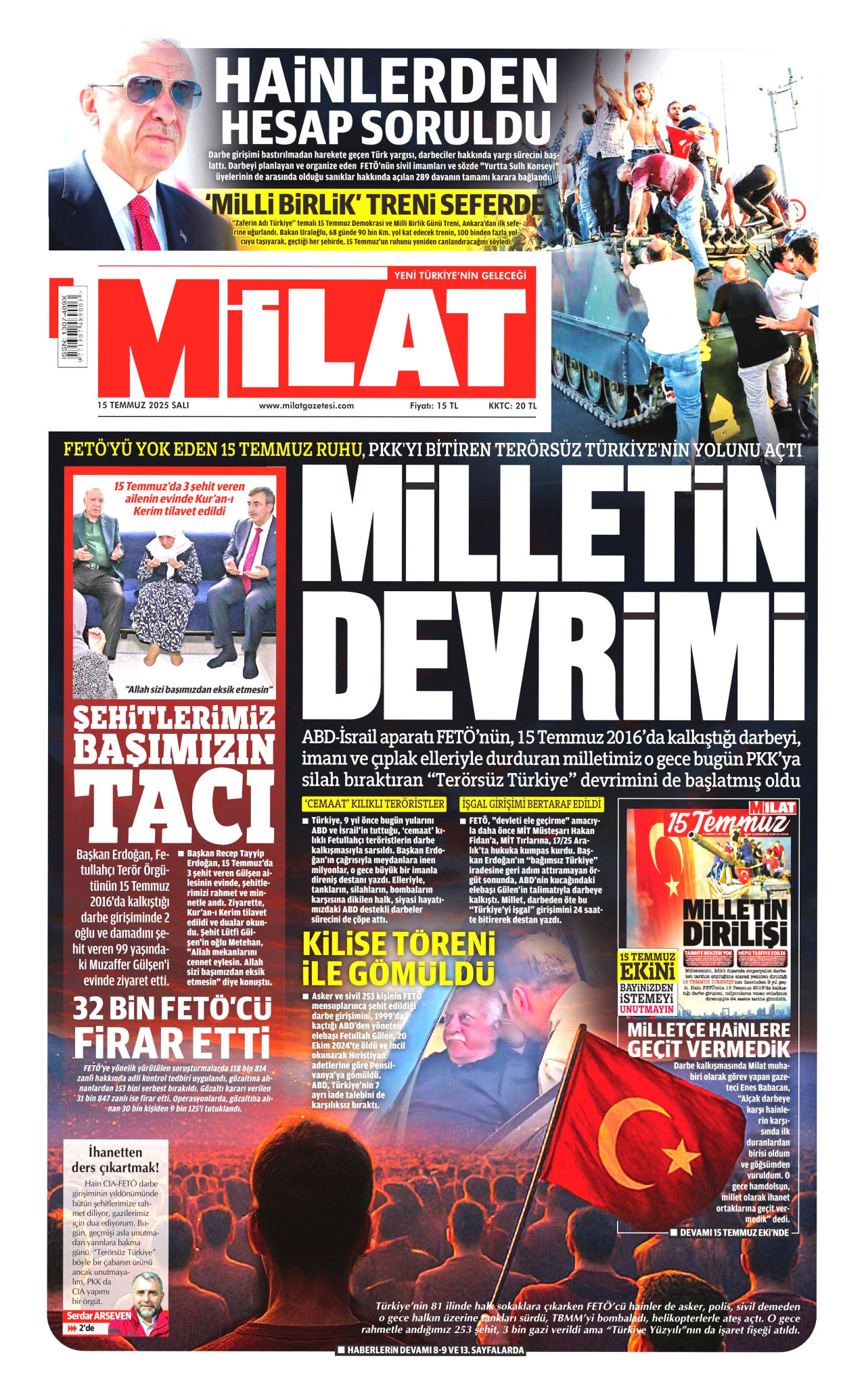 MİLAT gazetesinin 15 Temmuz 2025 tarihli birinci sayfası