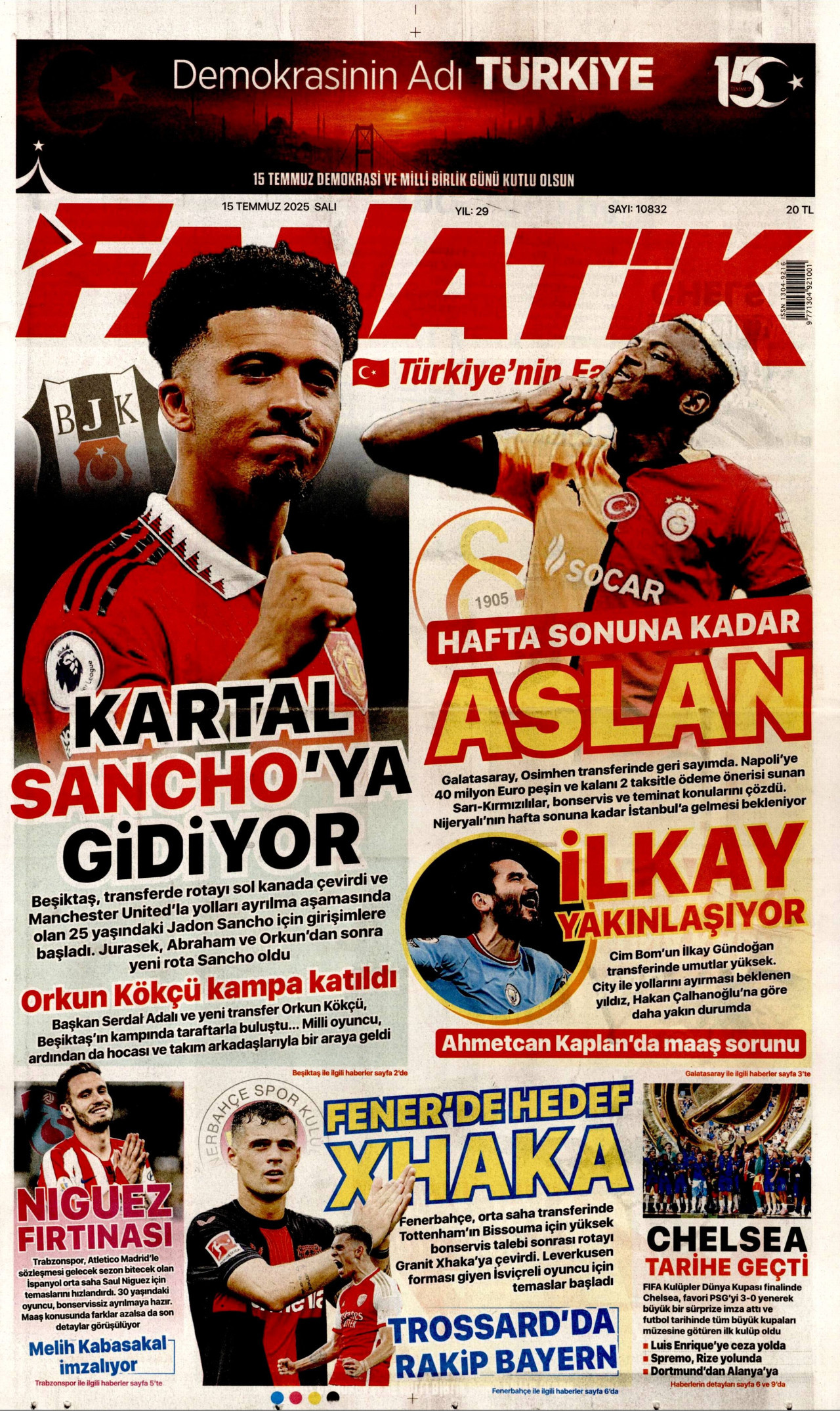 FANATİK gazetesinin 15 Temmuz 2025 tarihli birinci sayfası
