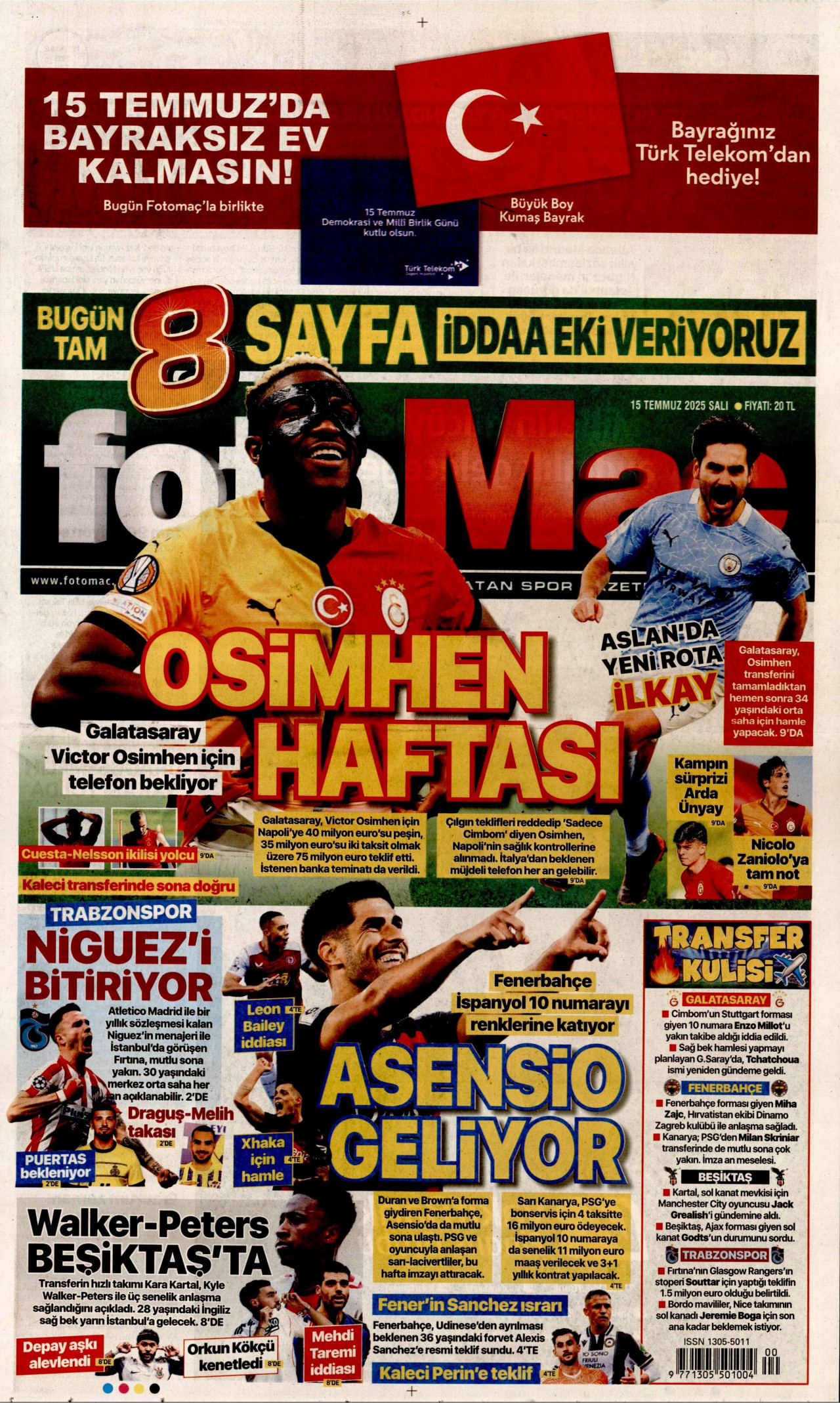 FOTOMAÇ gazetesinin 15 Temmuz 2025 tarihli birinci sayfası
