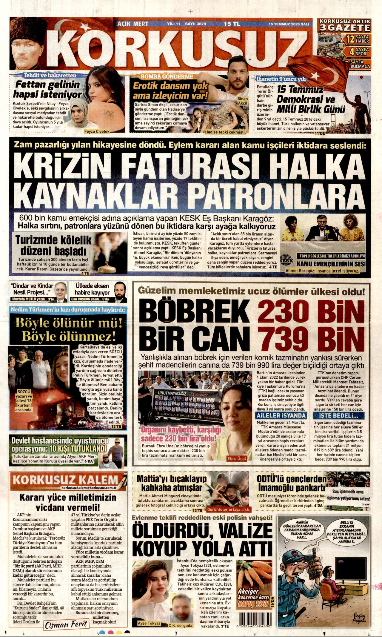 KORKUSUZ gazetesinin 15 Temmuz 2025 tarihli birinci sayfası