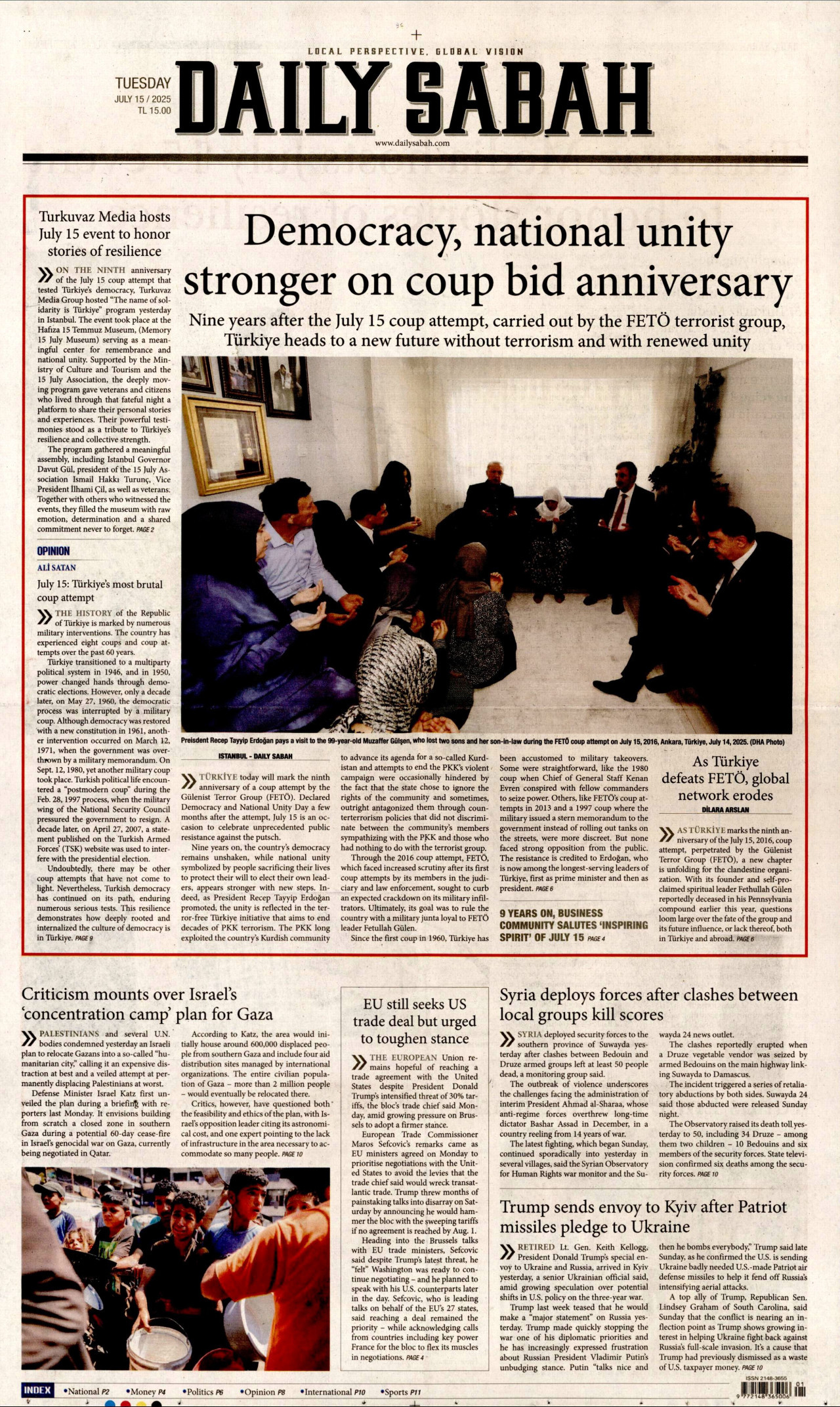 DAİLY SABAH gazetesinin 15 Temmuz 2025 tarihli birinci sayfası