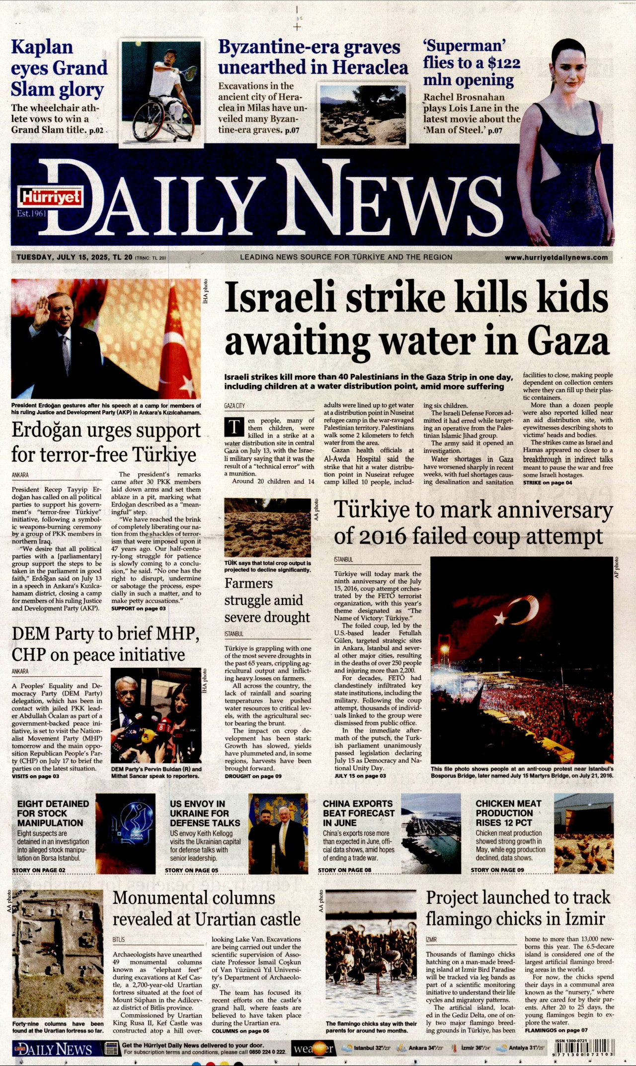 HÜRRİYET DAİLY NEWS gazetesinin 15 Temmuz 2025 tarihli birinci sayfası