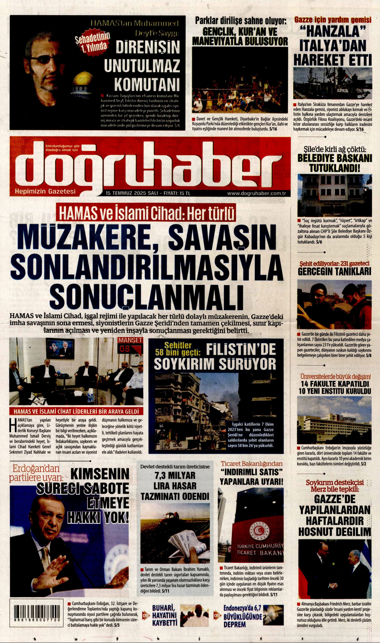 DOĞRU HABER gazetesinin 15 Temmuz 2025 tarihli birinci sayfası