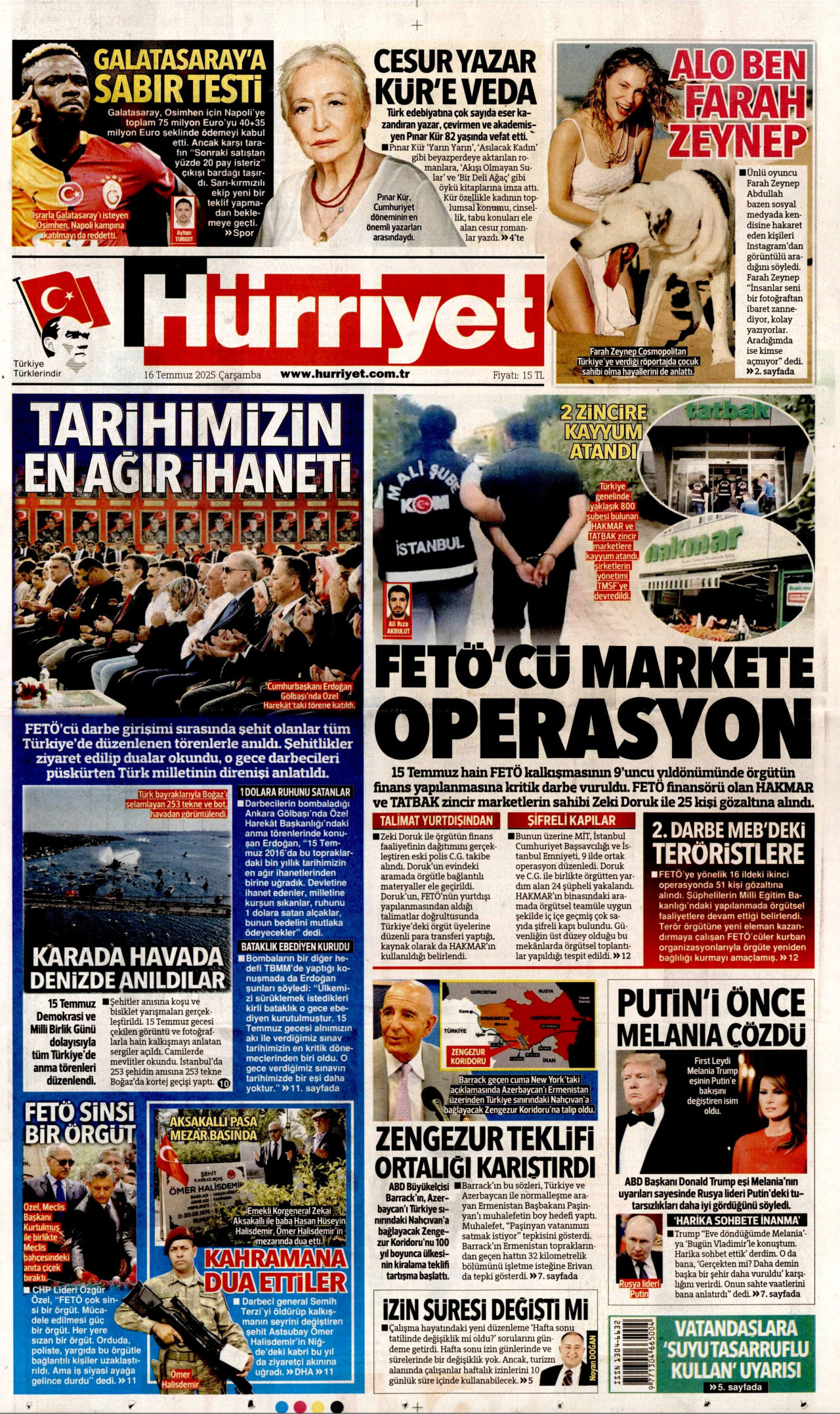 HÜRRİYET gazetesinin 16 Temmuz 2025 tarihli birinci sayfası
