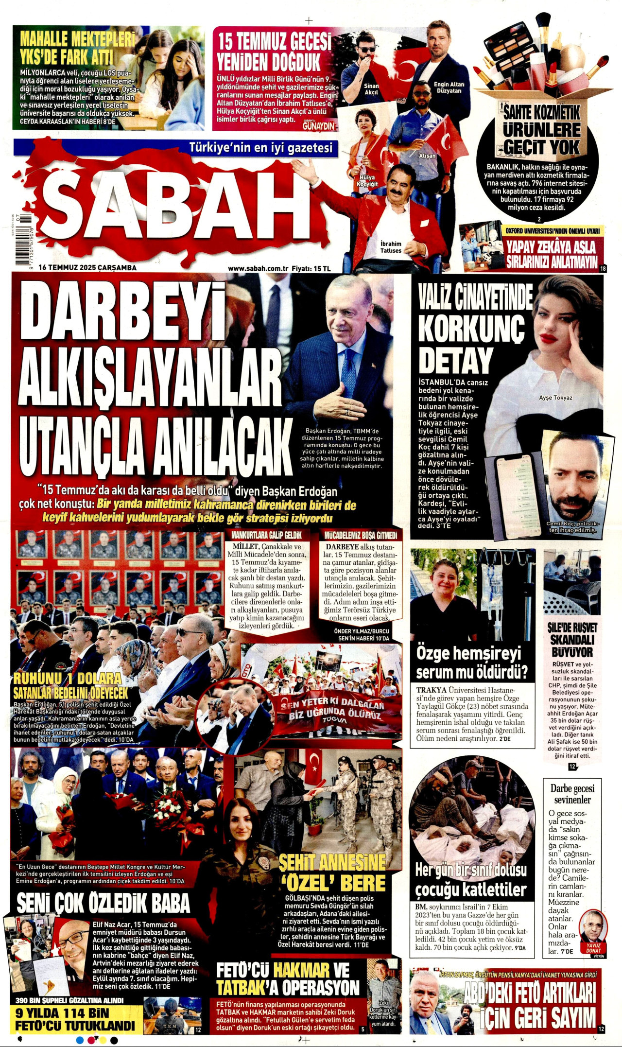 SABAH gazetesinin 16 Temmuz 2025 tarihli birinci sayfası