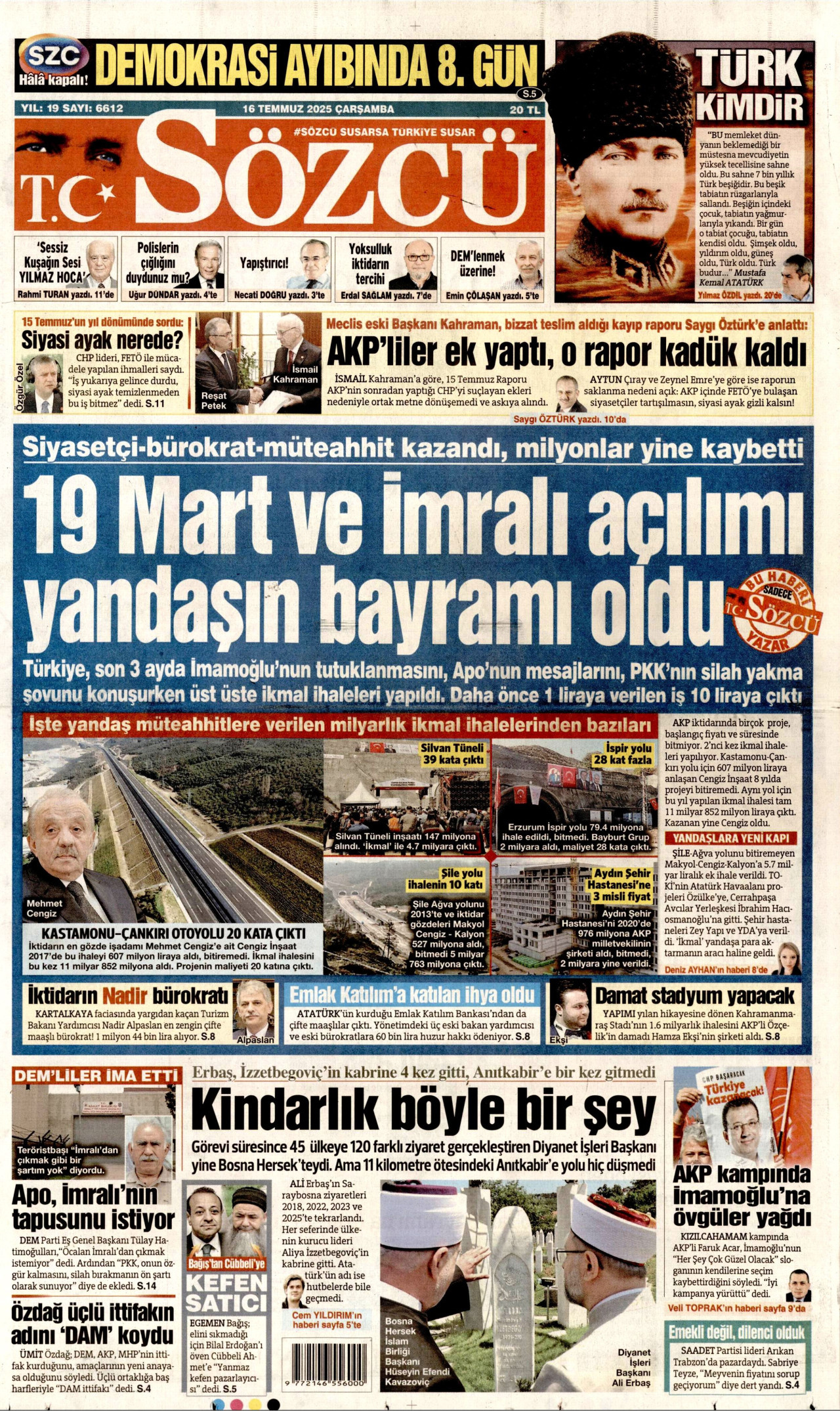 SÖZCÜ gazetesinin 16 Temmuz 2025 tarihli birinci sayfası