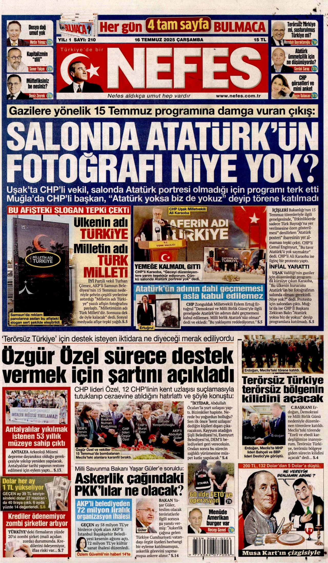 NEFES gazetesinin 16 Temmuz 2025 tarihli birinci sayfası
