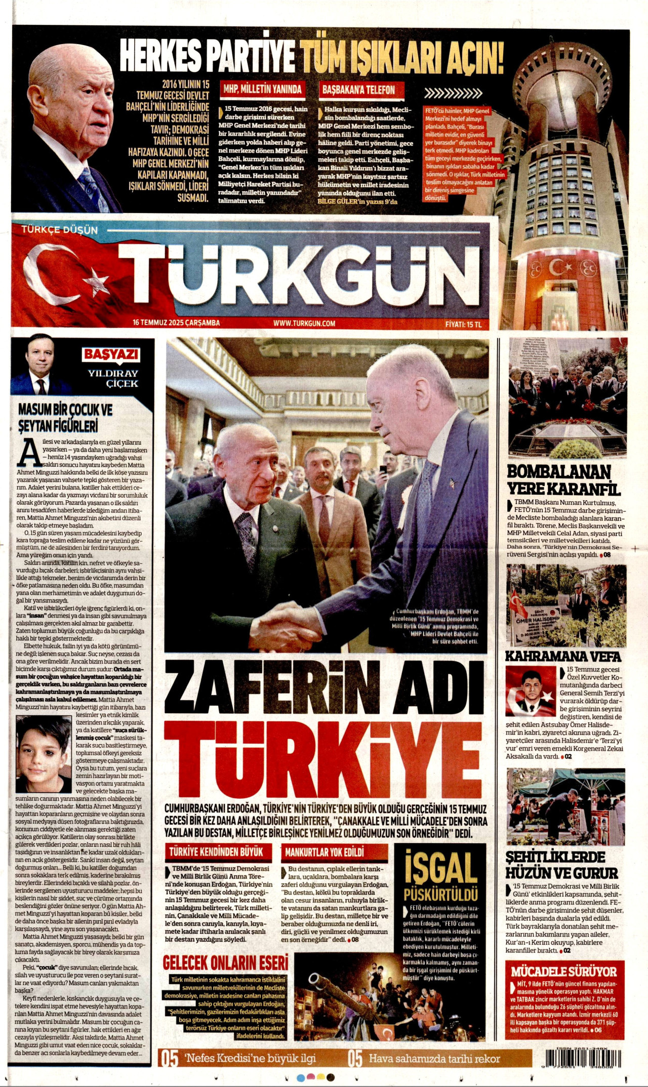 TÜRKGÜN gazetesinin 16 Temmuz 2025 tarihli birinci sayfası
