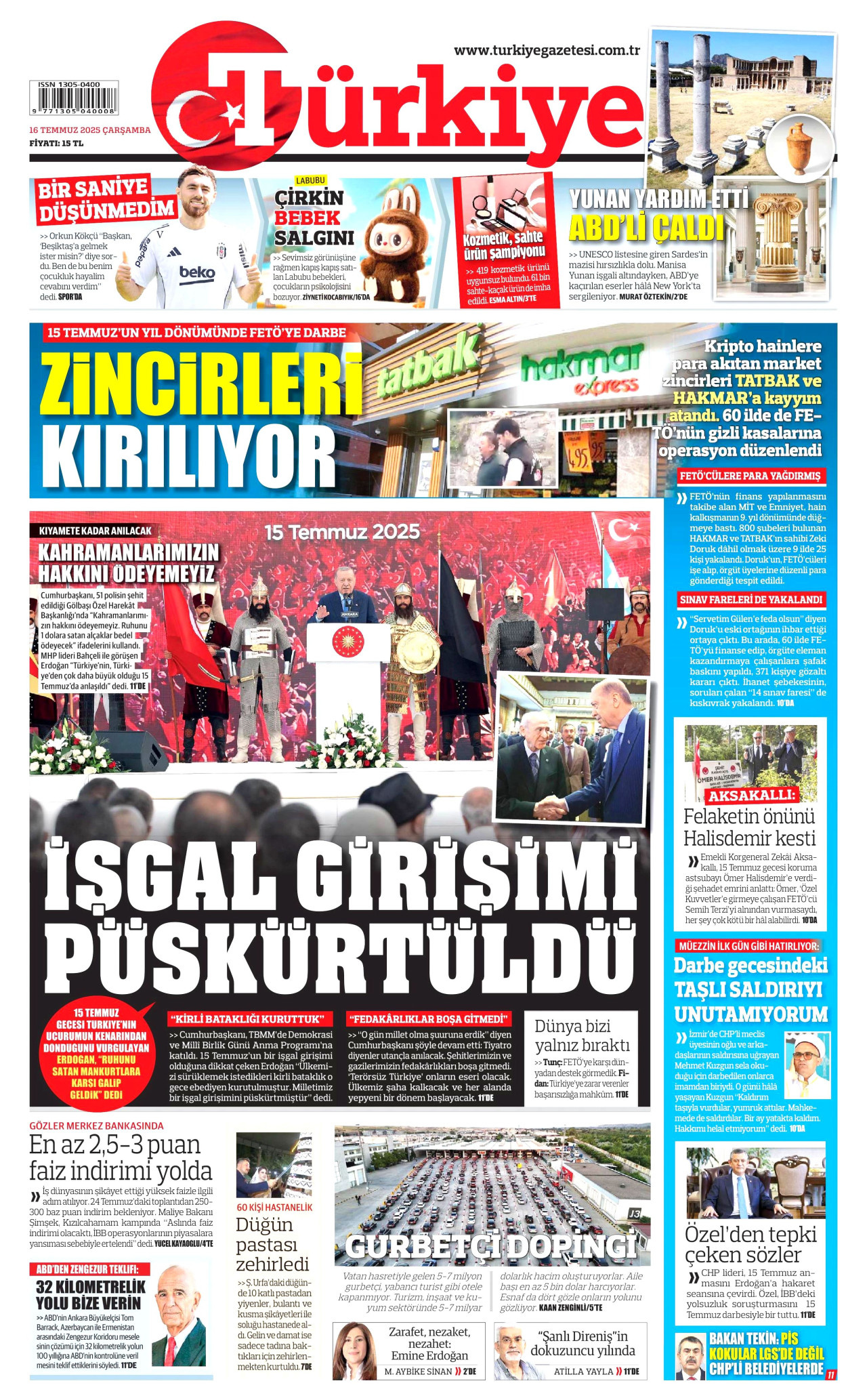 TÜRKİYE GAZETESİ gazetesinin 16 Temmuz 2025 tarihli birinci sayfası
