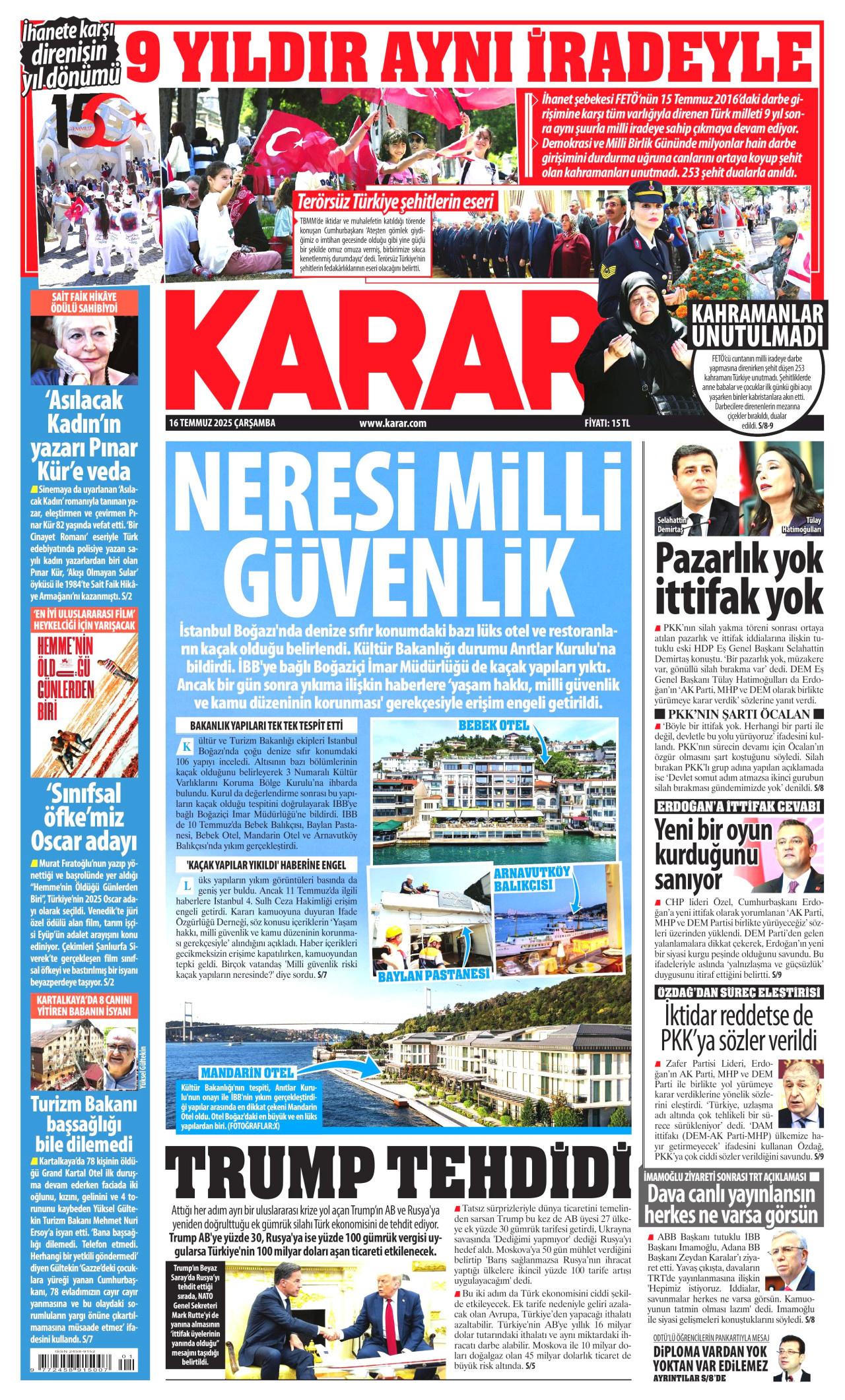 KARAR gazetesinin 16 Temmuz 2025 tarihli birinci sayfası