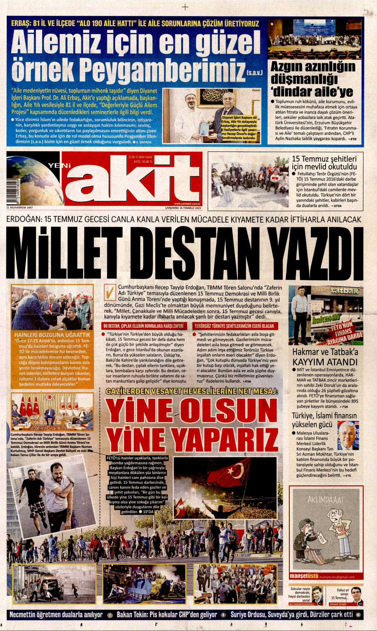 YENİ AKİT gazetesinin 16 Temmuz 2025 tarihli birinci sayfası