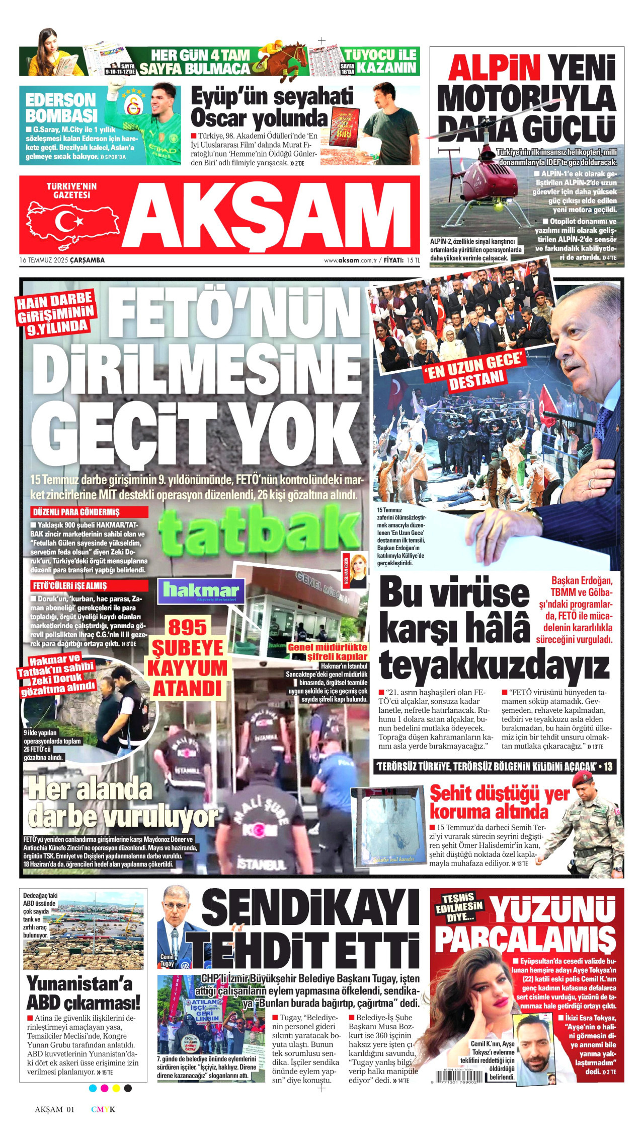 AKŞAM gazetesinin 16 Temmuz 2025 tarihli birinci sayfası