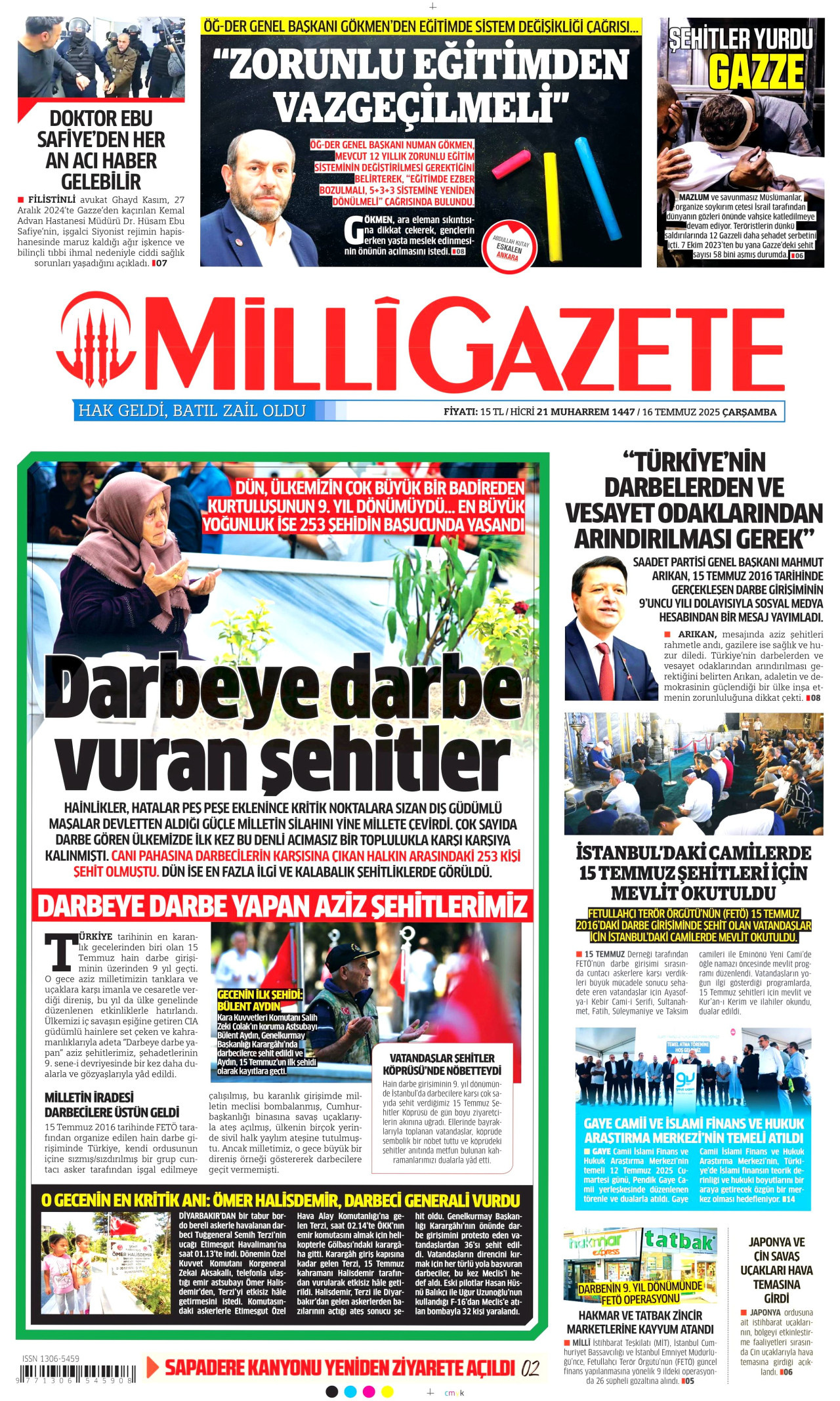 MİLLİ GAZETE gazetesinin 16 Temmuz 2025 tarihli birinci sayfası