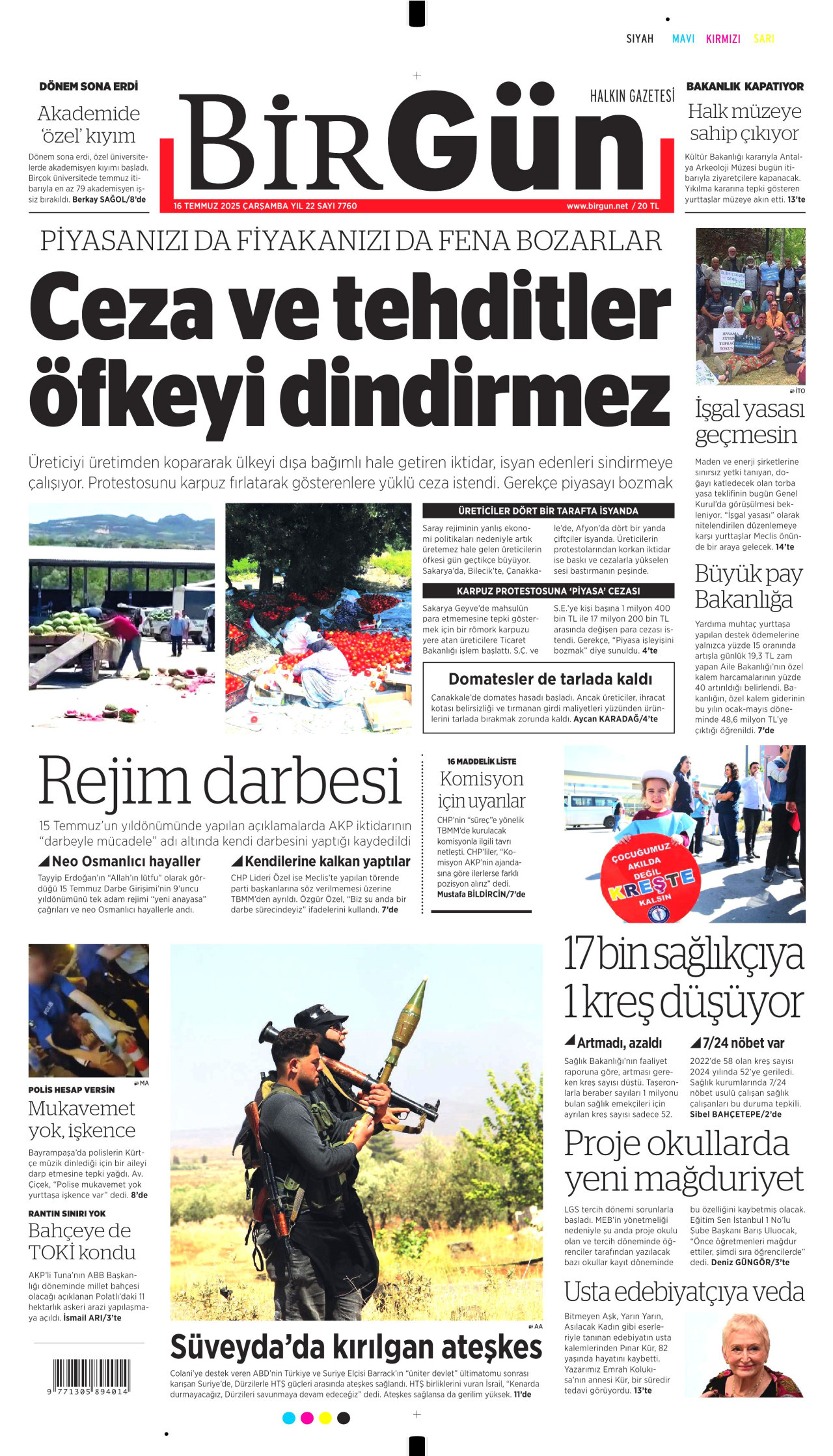 BİRGÜN gazetesinin 16 Temmuz 2025 tarihli birinci sayfası