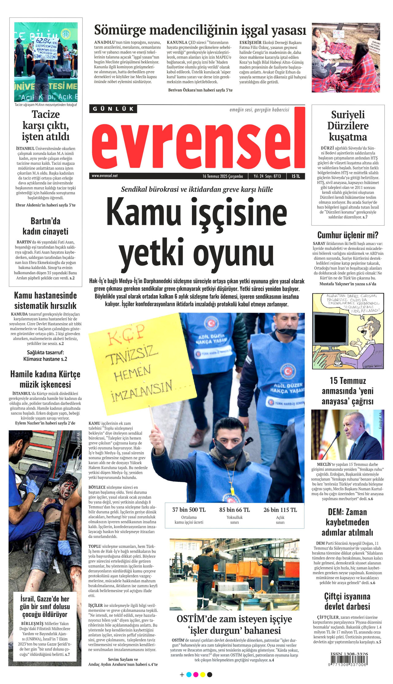 EVRENSEL gazetesinin 16 Temmuz 2025 tarihli birinci sayfası