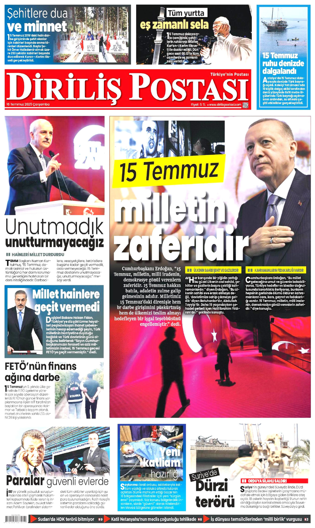 DİRİLİŞ POSTASI gazetesinin 16 Temmuz 2025 tarihli birinci sayfası