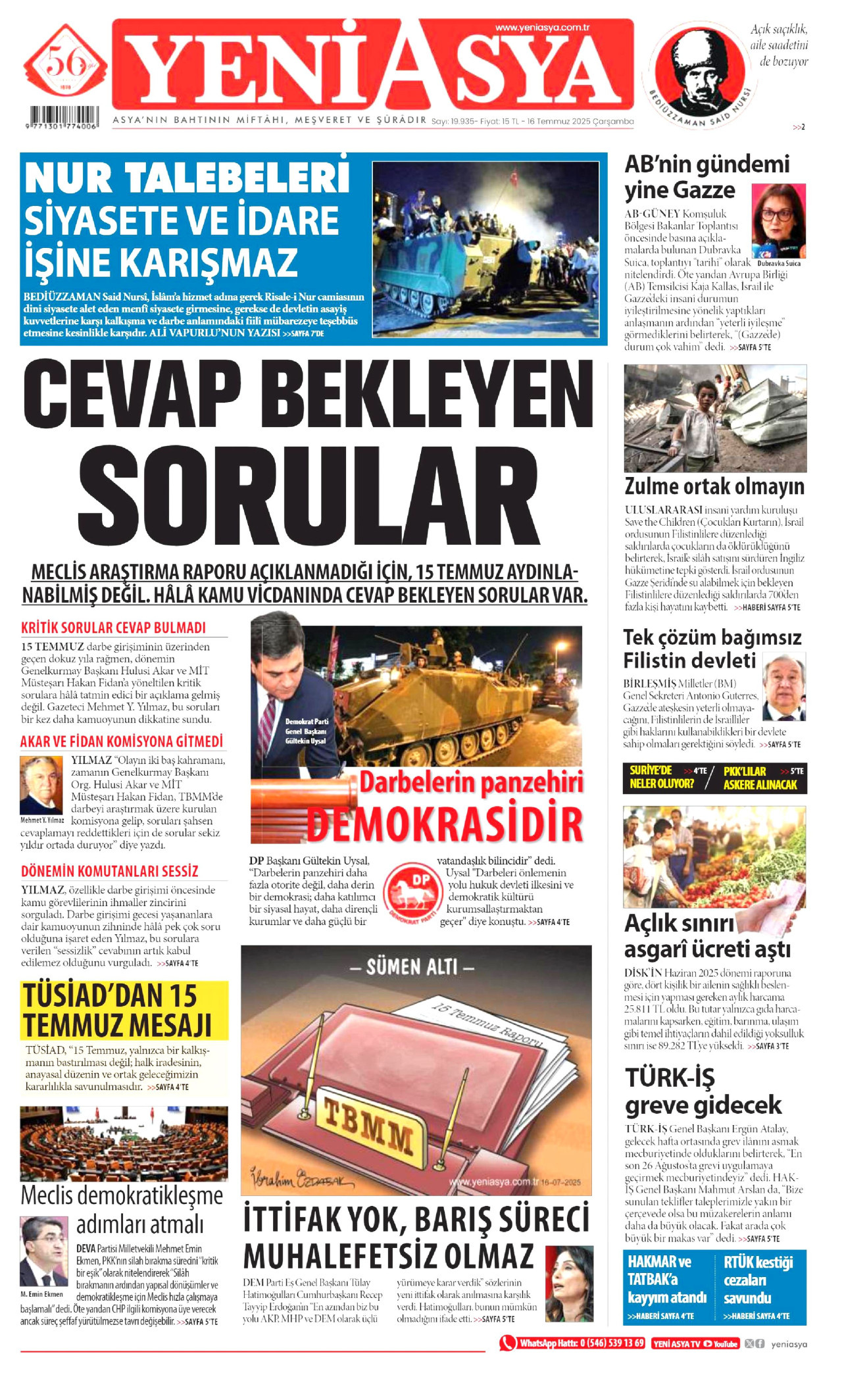 YENİ ASYA gazetesinin 16 Temmuz 2025 tarihli birinci sayfası