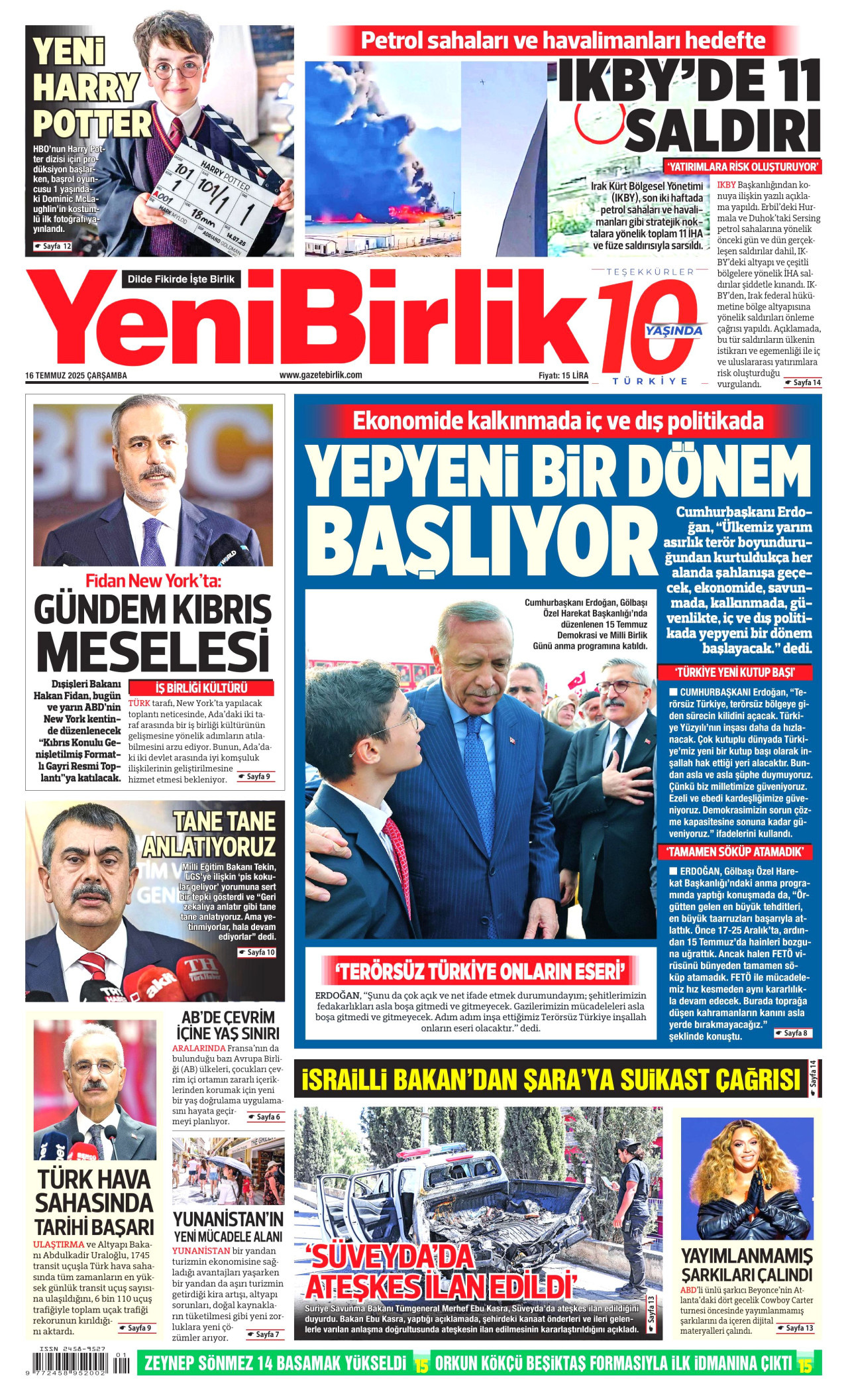YENİBİRLİK gazetesinin 16 Temmuz 2025 tarihli birinci sayfası