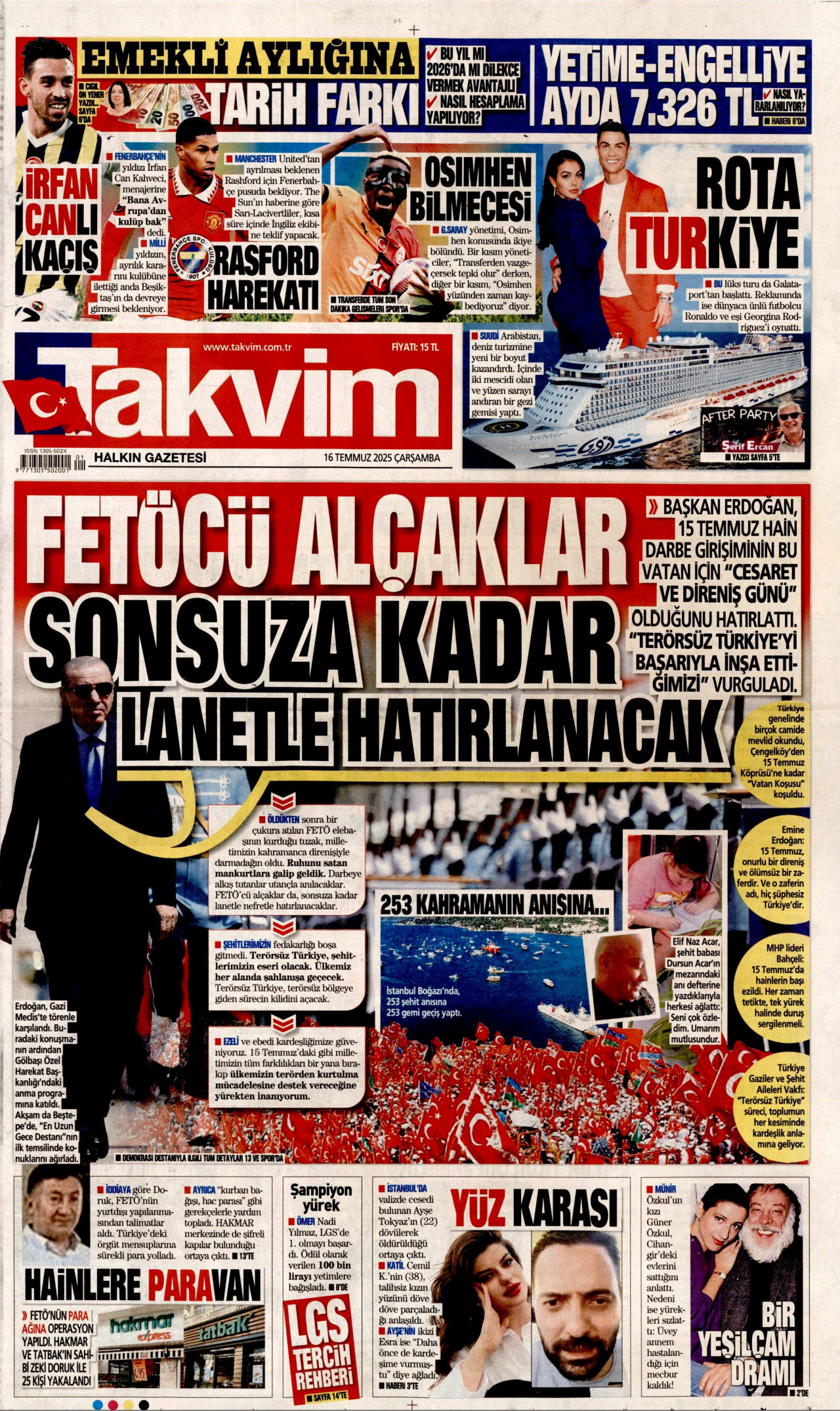 TAKVİM gazetesinin 16 Temmuz 2025 tarihli birinci sayfası