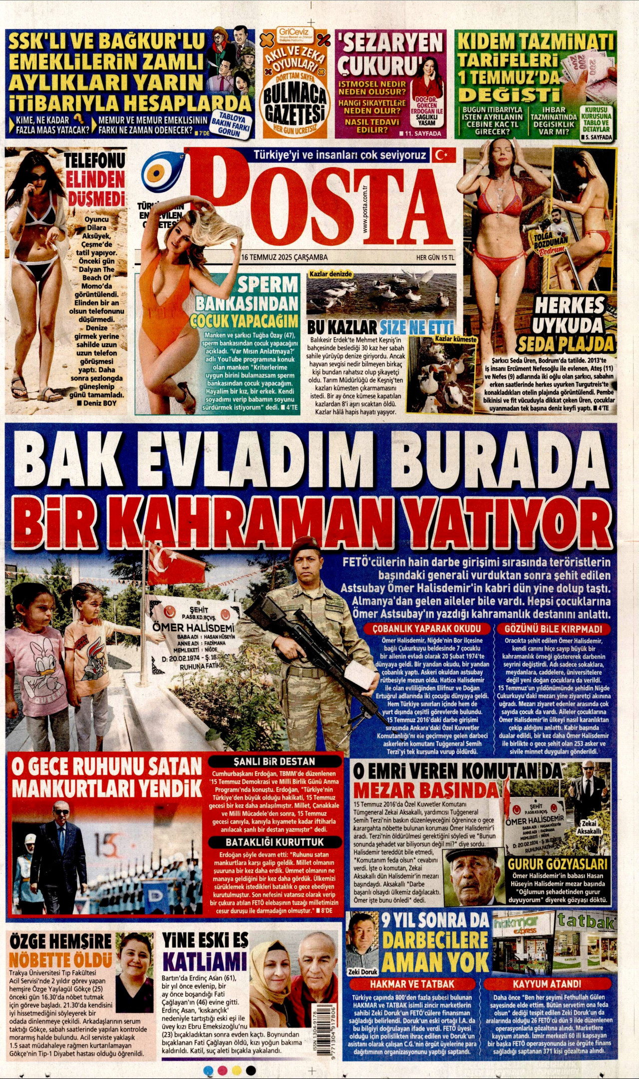 POSTA gazetesinin 16 Temmuz 2025 tarihli birinci sayfası