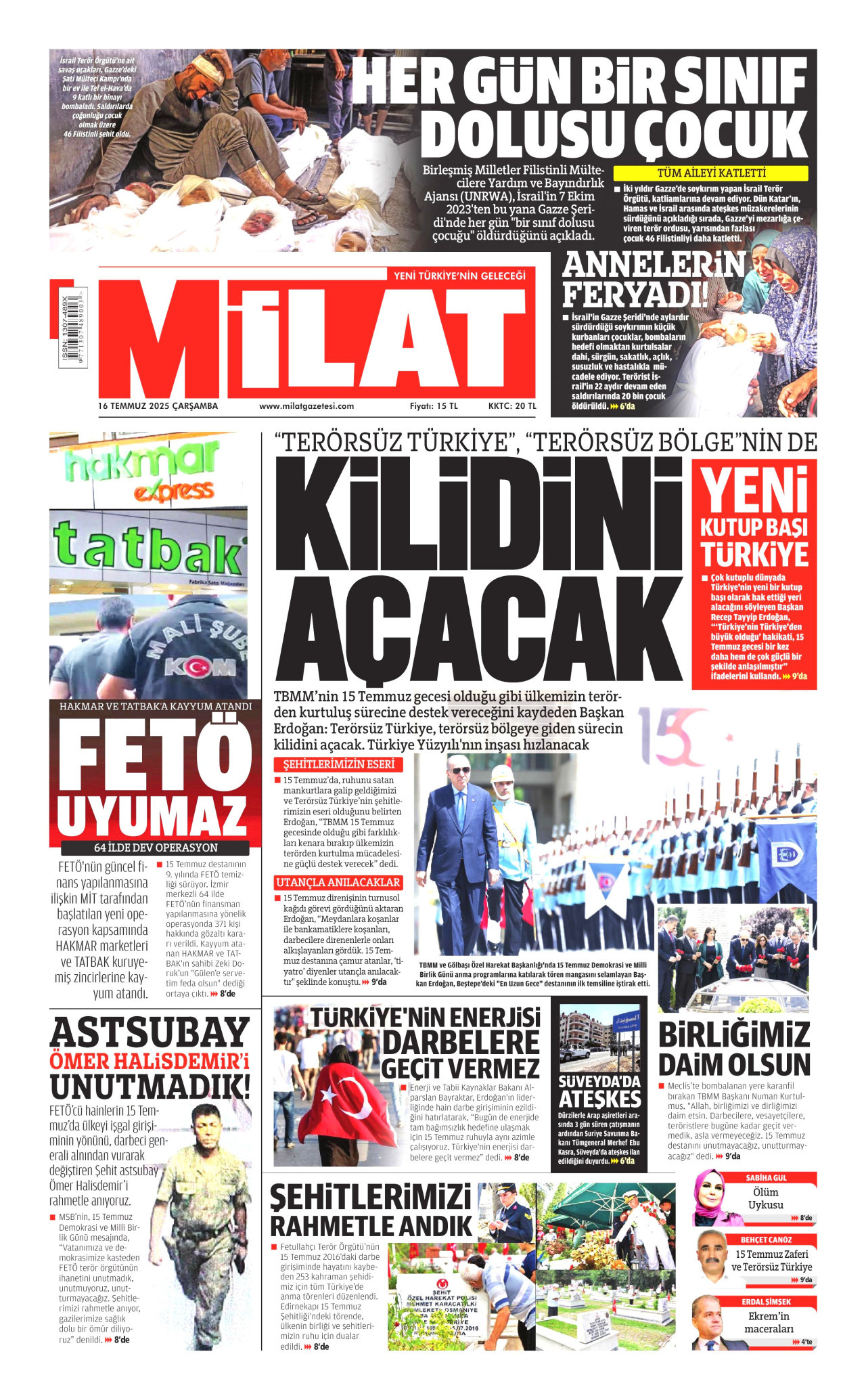MİLAT gazetesinin 16 Temmuz 2025 tarihli birinci sayfası