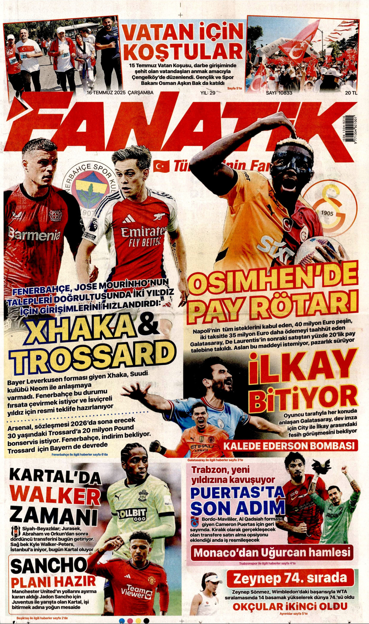 FANATİK gazetesinin 16 Temmuz 2025 tarihli birinci sayfası