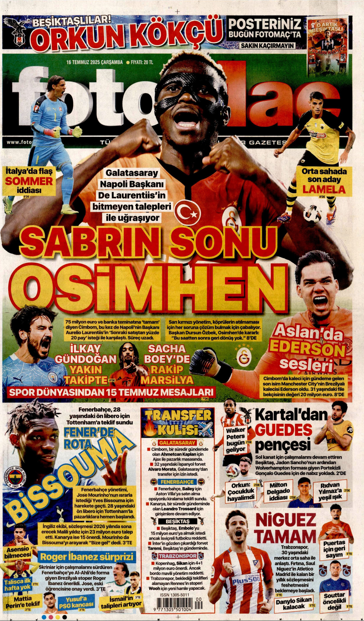 FOTOMAÇ gazetesinin 16 Temmuz 2025 tarihli birinci sayfası