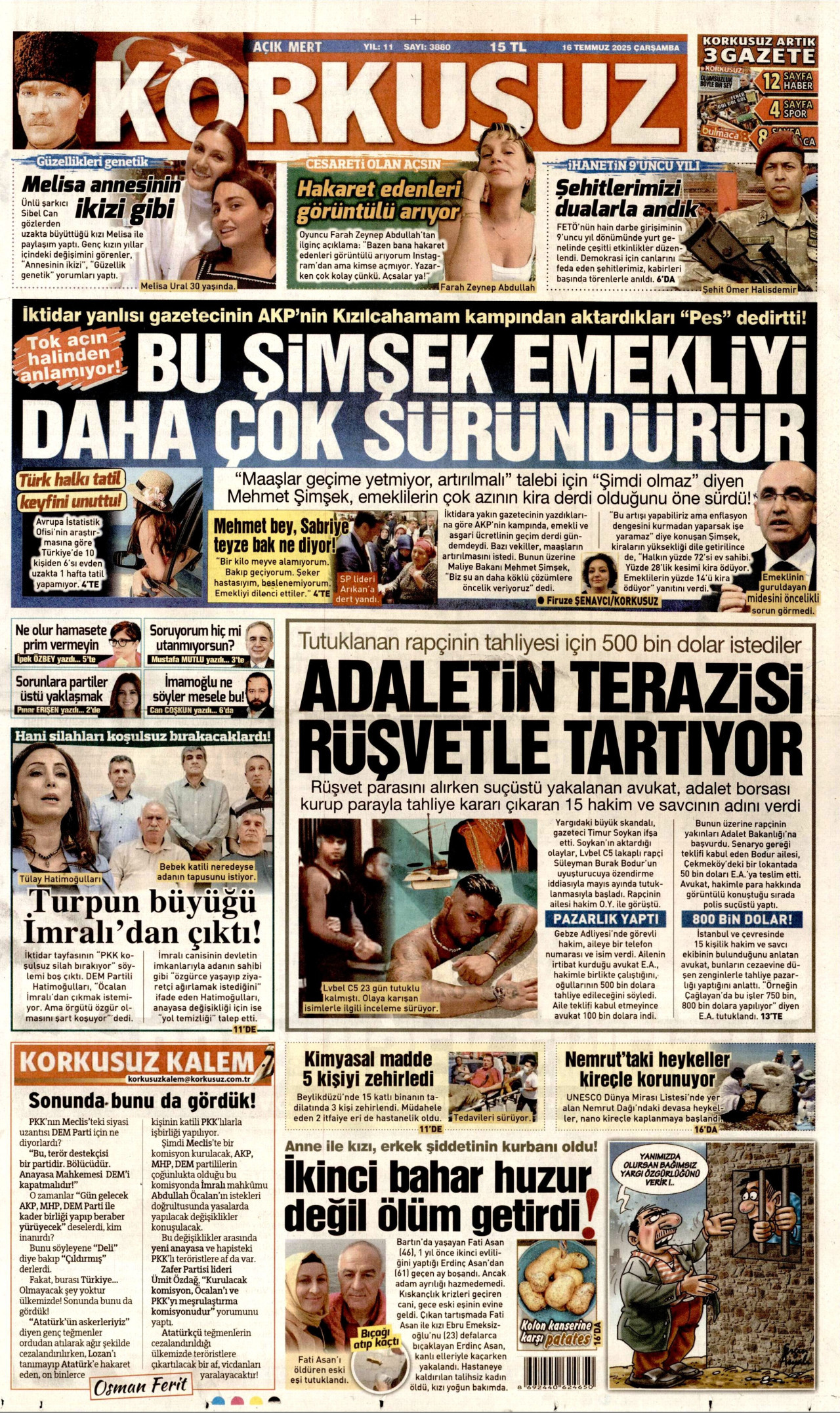 KORKUSUZ gazetesinin 16 Temmuz 2025 tarihli birinci sayfası