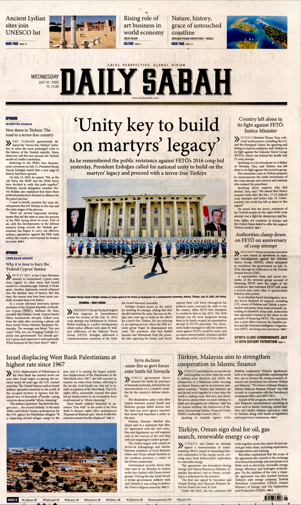 DAİLY SABAH gazetesinin 16 Temmuz 2025 tarihli birinci sayfası