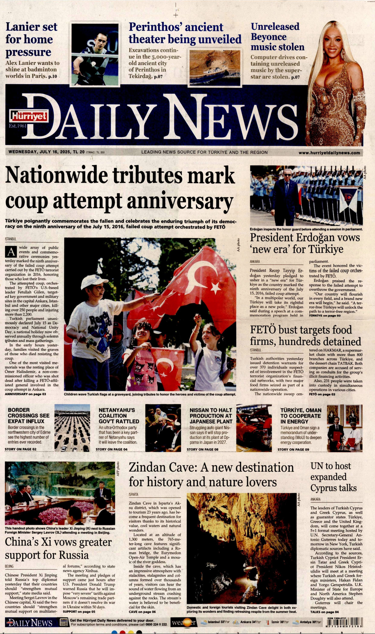 HÜRRİYET DAİLY NEWS gazetesinin 16 Temmuz 2025 tarihli birinci sayfası