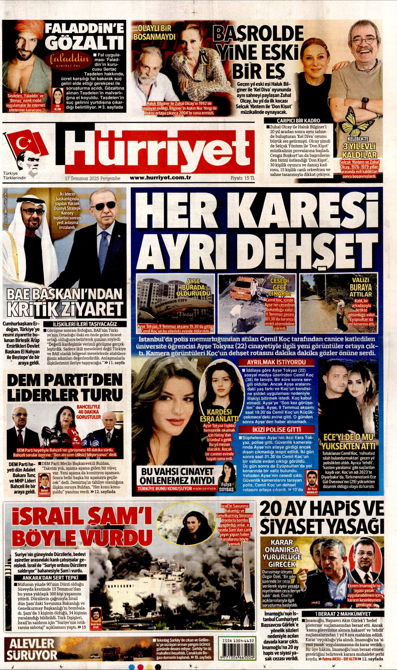 HÜRRİYET gazetesinin 17 Temmuz 2025 tarihli birinci sayfası