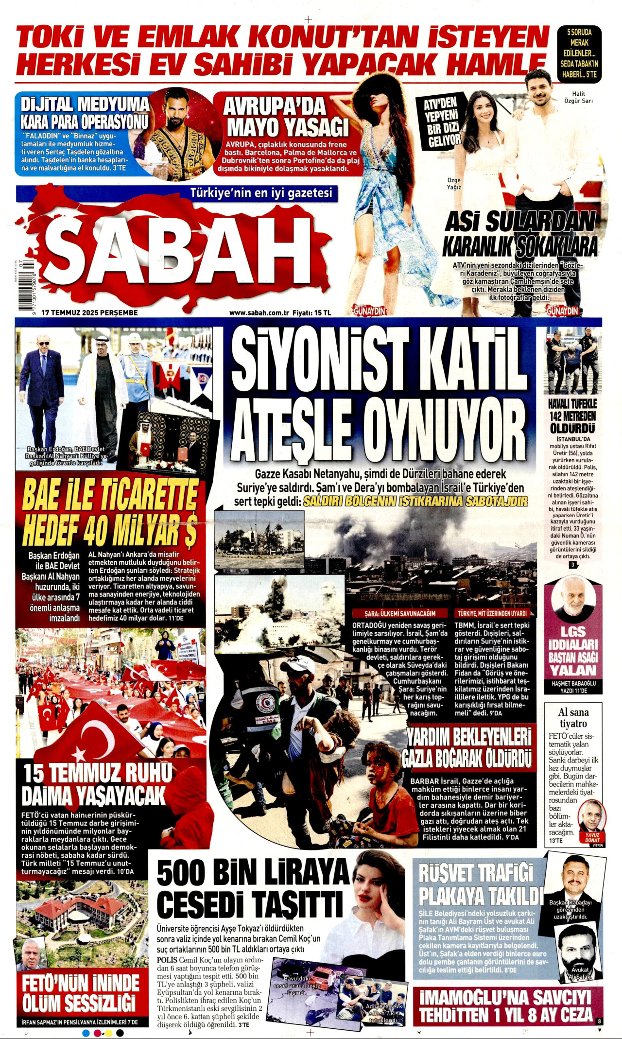SABAH gazetesinin 17 Temmuz 2025 tarihli birinci sayfası