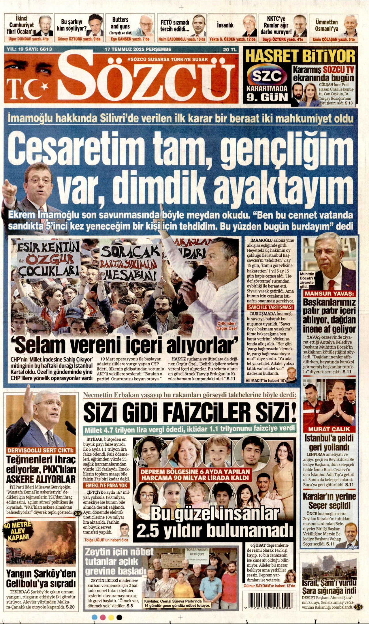 SÖZCÜ gazetesinin 17 Temmuz 2025 tarihli birinci sayfası
