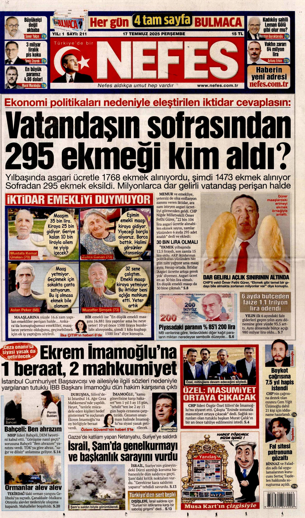 NEFES gazetesinin 17 Temmuz 2025 tarihli birinci sayfası
