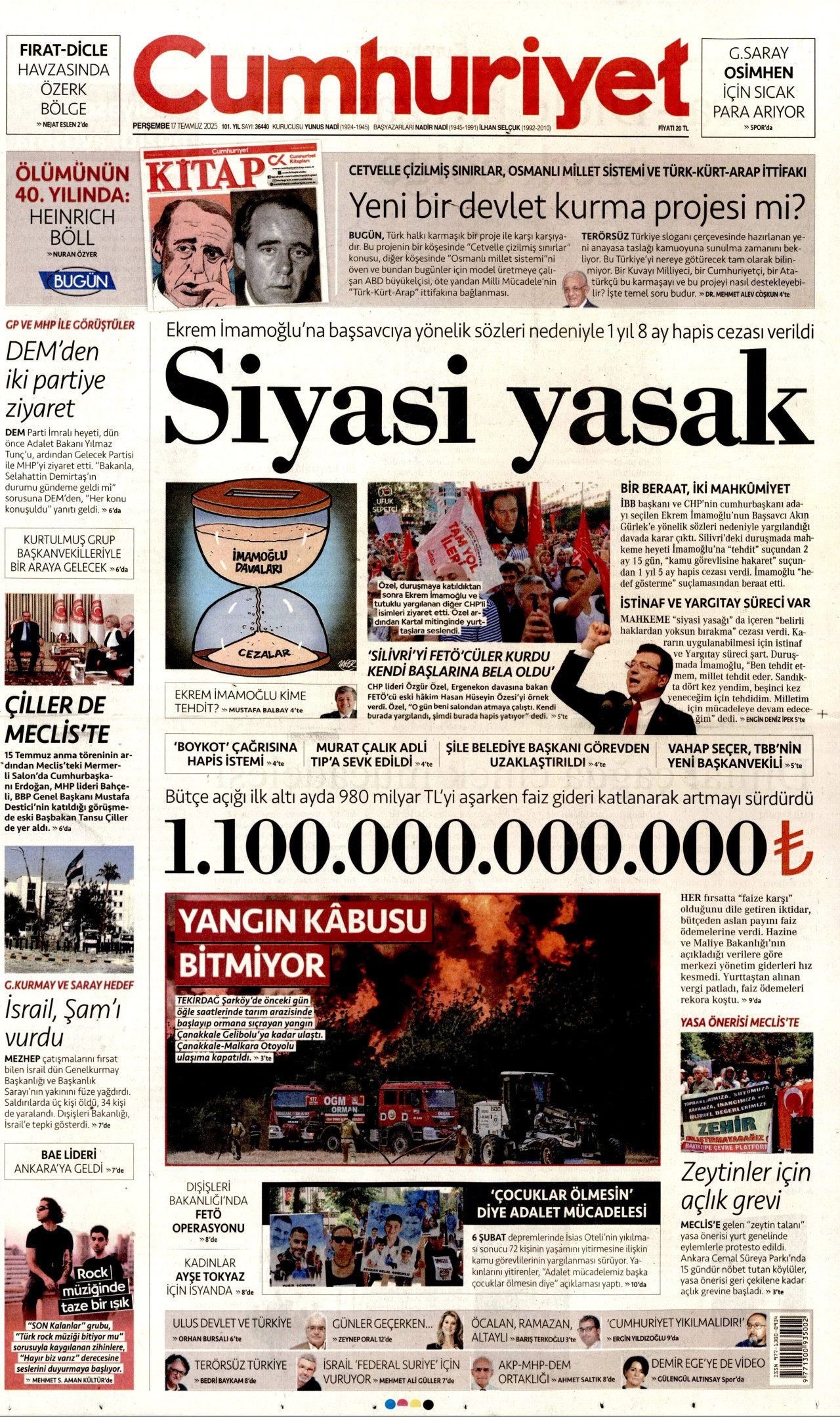 CUMHURİYET gazetesinin 17 Temmuz 2025 tarihli birinci sayfası